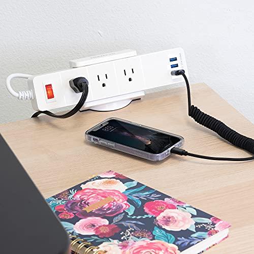 Mount-It! Mount-It! Power Strip Holder Clamp Desk Mount with Included Surge Protector | White Desktop Power Outlet with 3 USB Ports and 3 AC Power Outlets | Adjustable Power Strip Clamp Mount