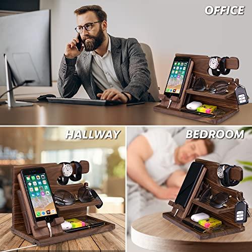 Gooin Global Personalized Gifts for Men - Wood Phone Docking Station, Nightstand Organizer with Key Holder, Wallet Stand and Watch Organizer - Anniversary Unique Birthday Gifts for Men Dad Husband Boyfriend Uncle