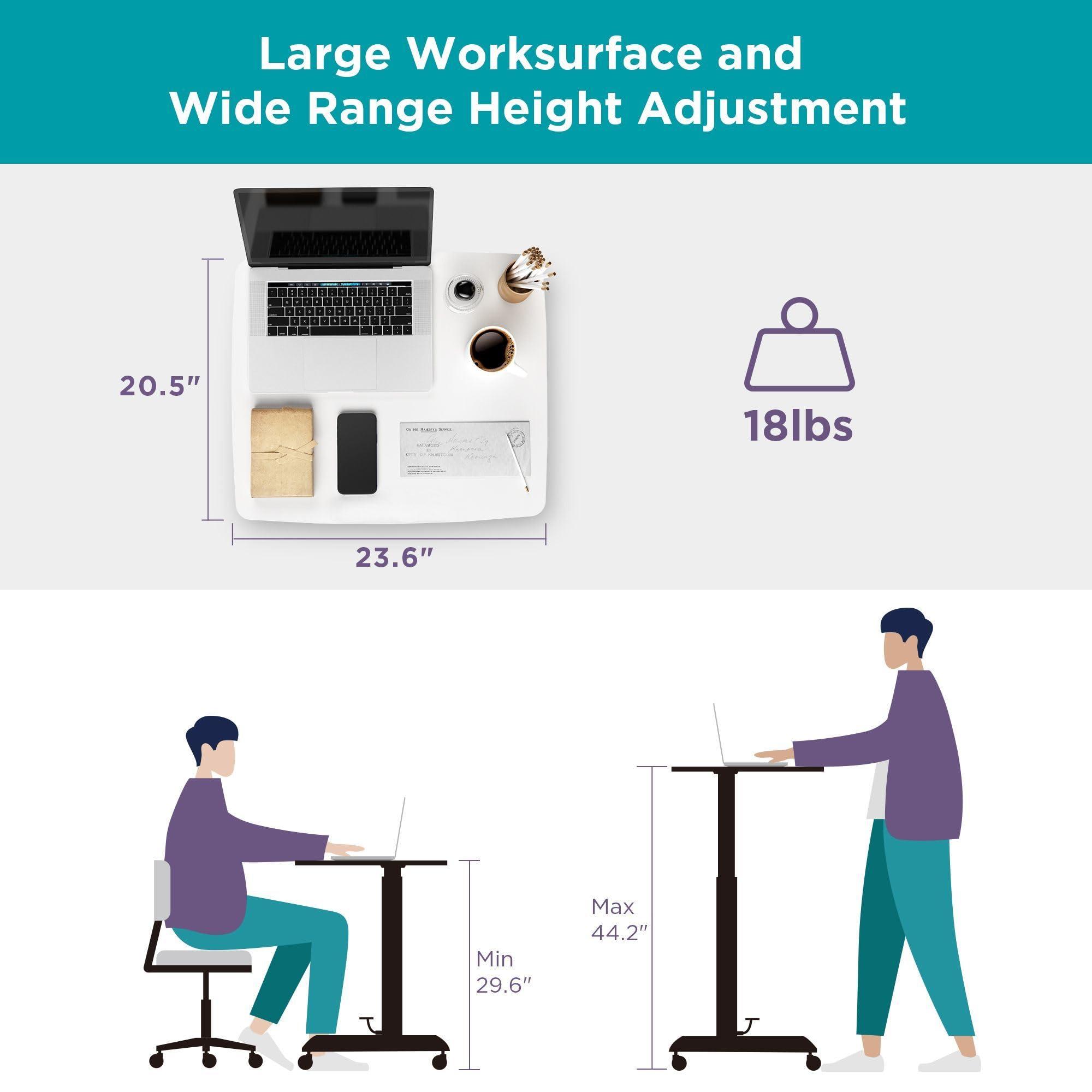Kantek Kantek Mobile Sit Stand Laptop Computer Desk, Adjustable Height (29.6\" to 44.2\"), Compact 23.6\" W X 20.5\" D Platform, Foot Pedal Control, Steel Frame, White