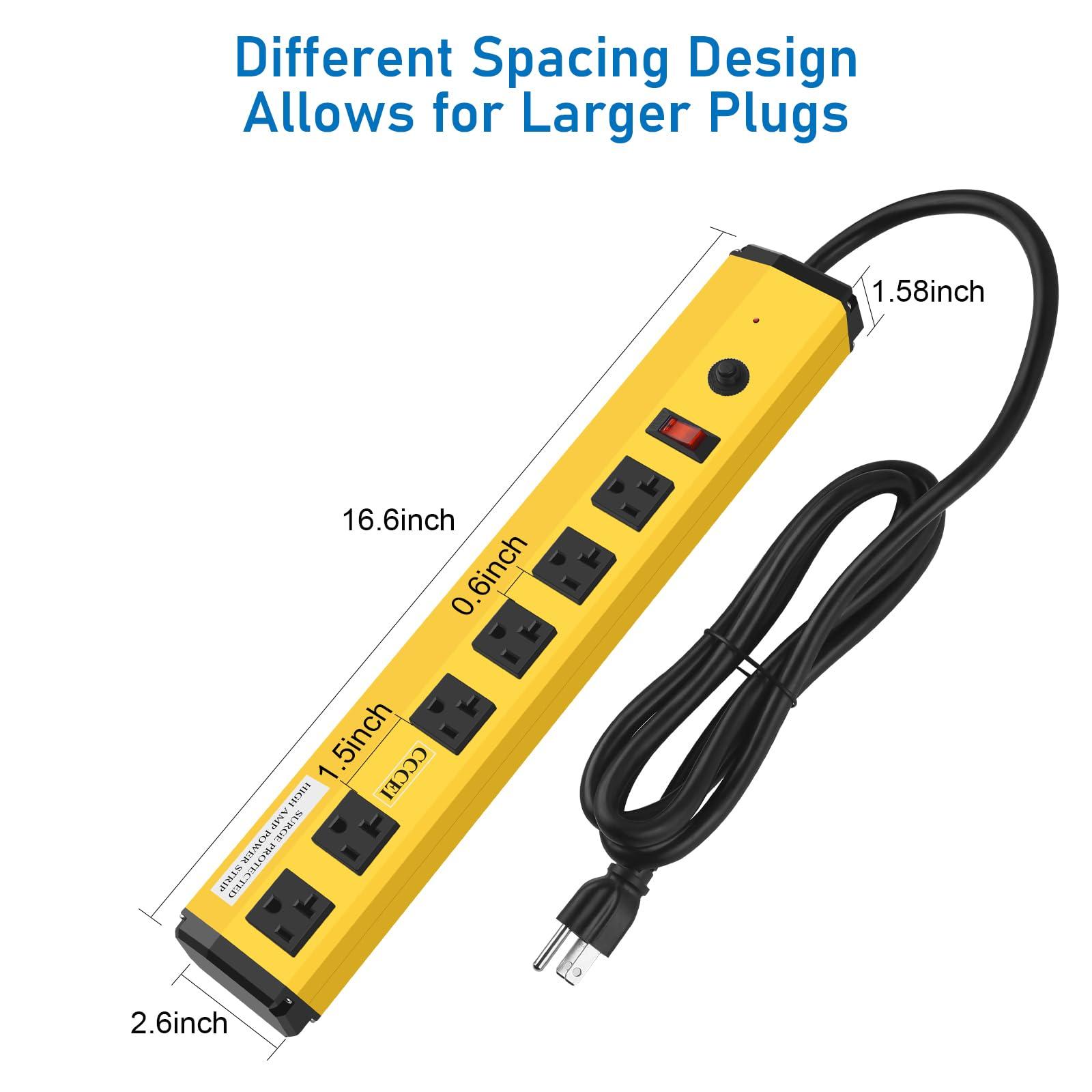 CCCEI CCCEI Heavy Duty Power Strip Surge Protector 20 Amp, High Amp Industrial Shop Garage Metal Multiple Outlets, 4 FT 12 Gauge 5-15P Extension Cord 6 Outlet 6-20R T-Slot 20a for Appliance, Yellow.