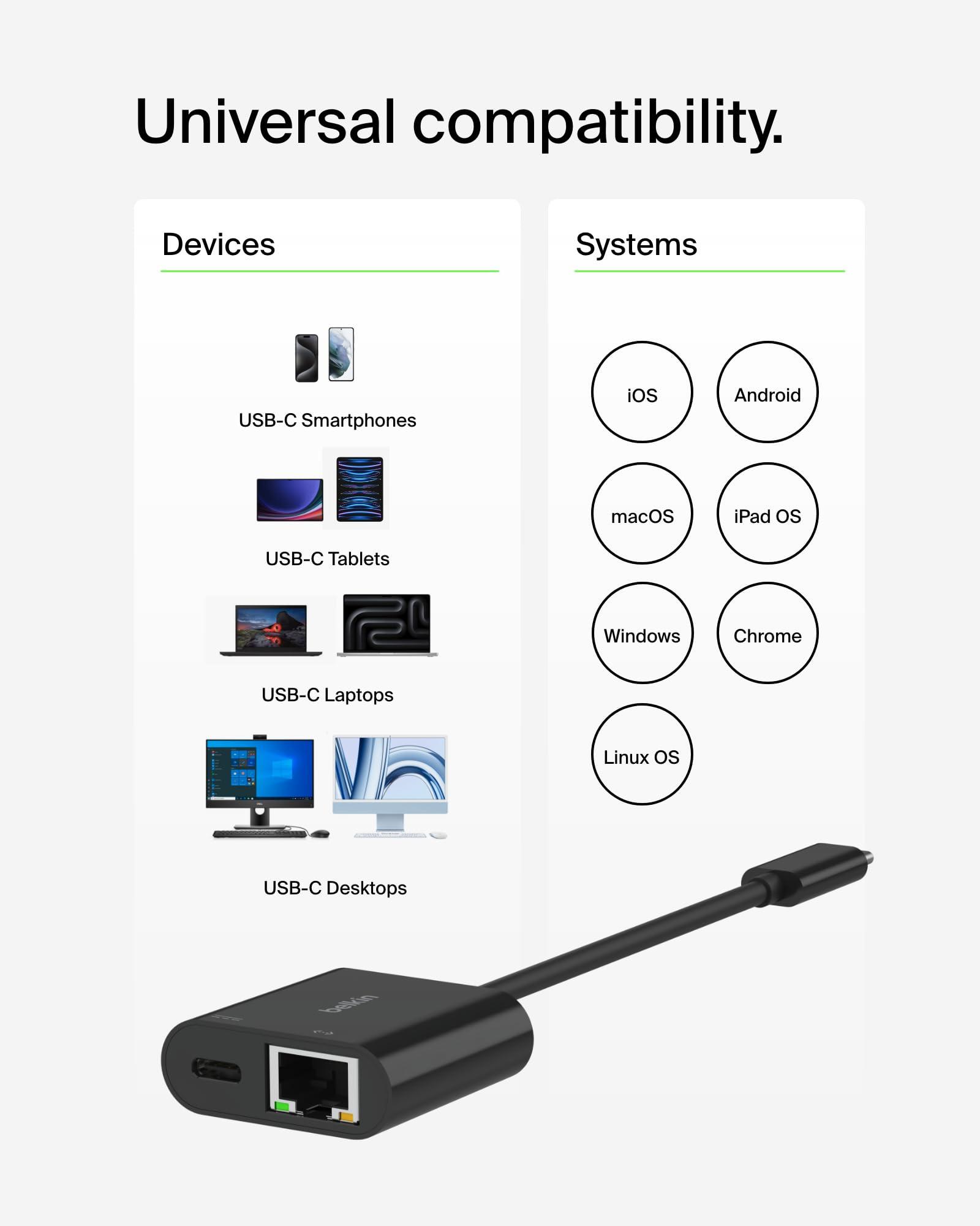Belkin Belkin Connect USB-C to Ethernet + Charge Adapter 100W w/Gigabit Ethernet Port and USB-C Port - 10/100/1000 Mbps for Fast Internet Connection - Compatible with iPhone 16, Samsung Galaxy S25, & More