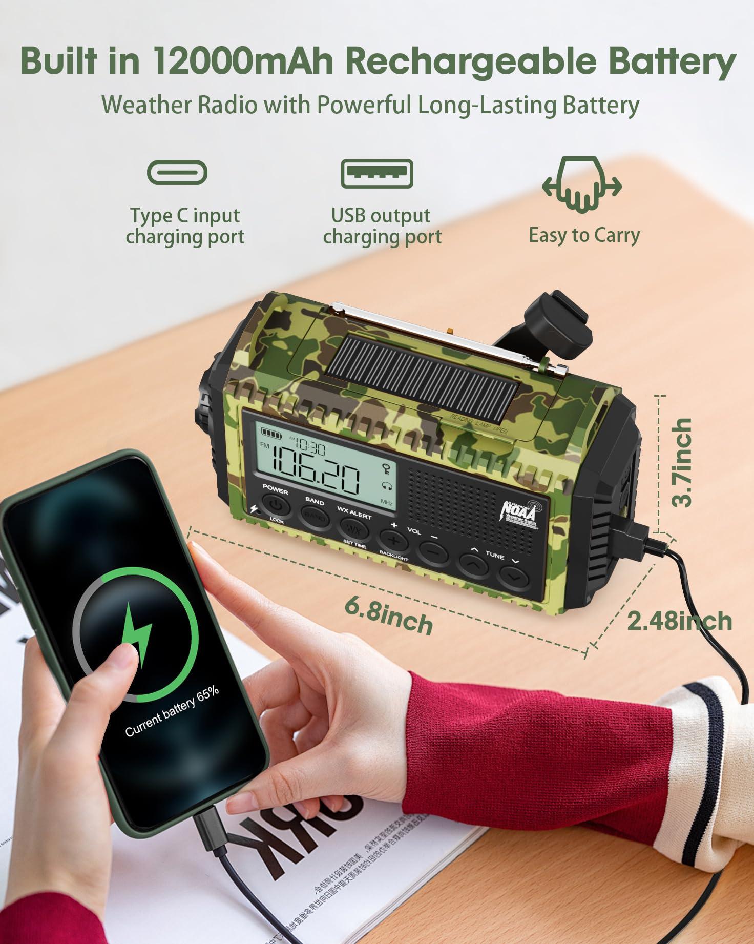 Roxicosly 12000mAh Radio Portable AM FM, Rechargeable Hand Crank Emergency Radio with 7 NOAA Weather Bands, Loud SOS,Flashlight,Phone Charger,Reading Light,Solar Battery Operated Radio for Power Outages