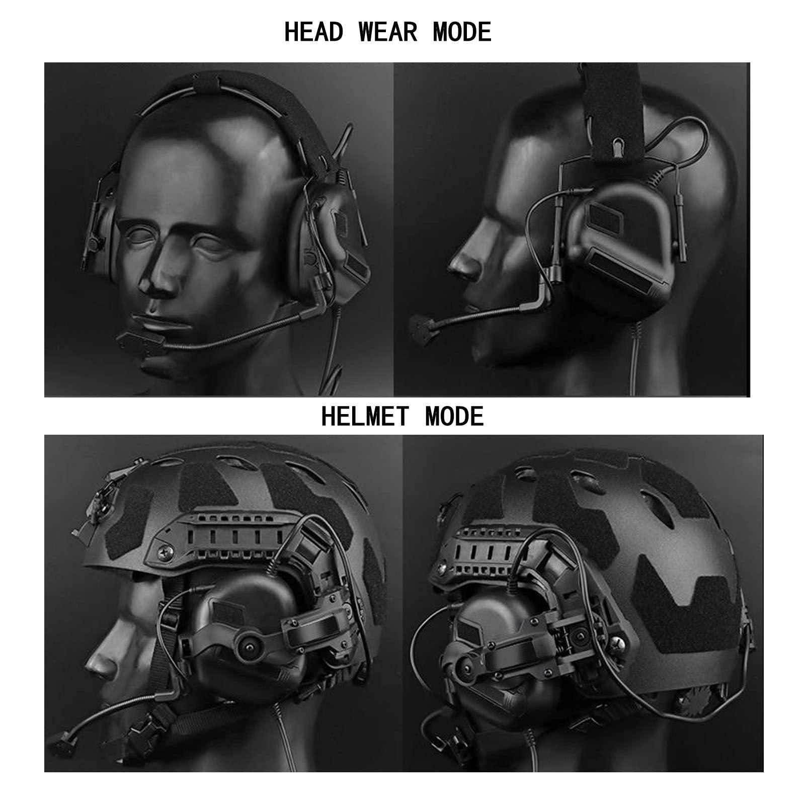 Hdlsina Hdlsina Helmet-Type Tactical Headset + with U94 PTT 2pin with ARC Rail Adapter Compatible Ops-Core Fast Helmet ACH Helmet MICH Helmet for Airsoft Hunting Shooting (Khaki)