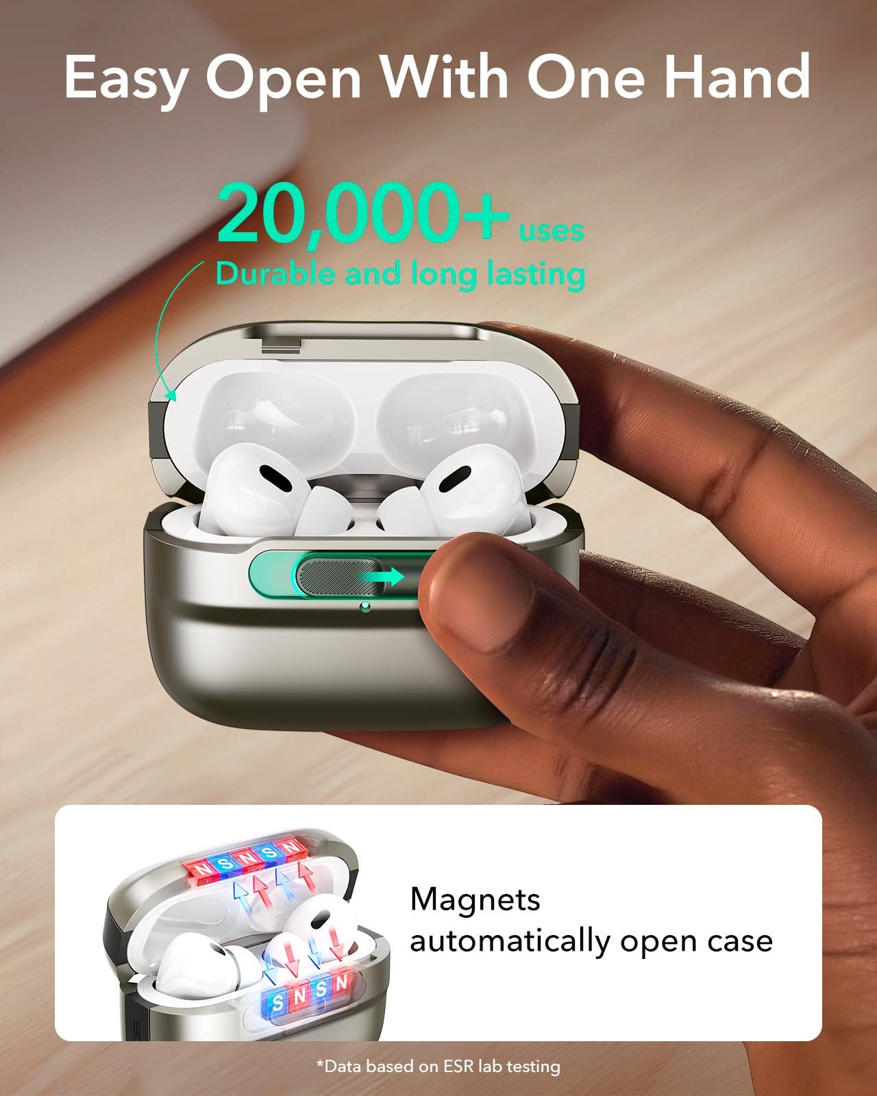 ESR ESR for AirPods Pro Case (2023/2022/2019, 2nd/1st Gen), Compatible with Airpods Pro 2 (USB-C/Lightning Cable), MagSafe Ready, Magnetic Lid Lock, Full Drop Protection Cover with Lanyard, Titanium
