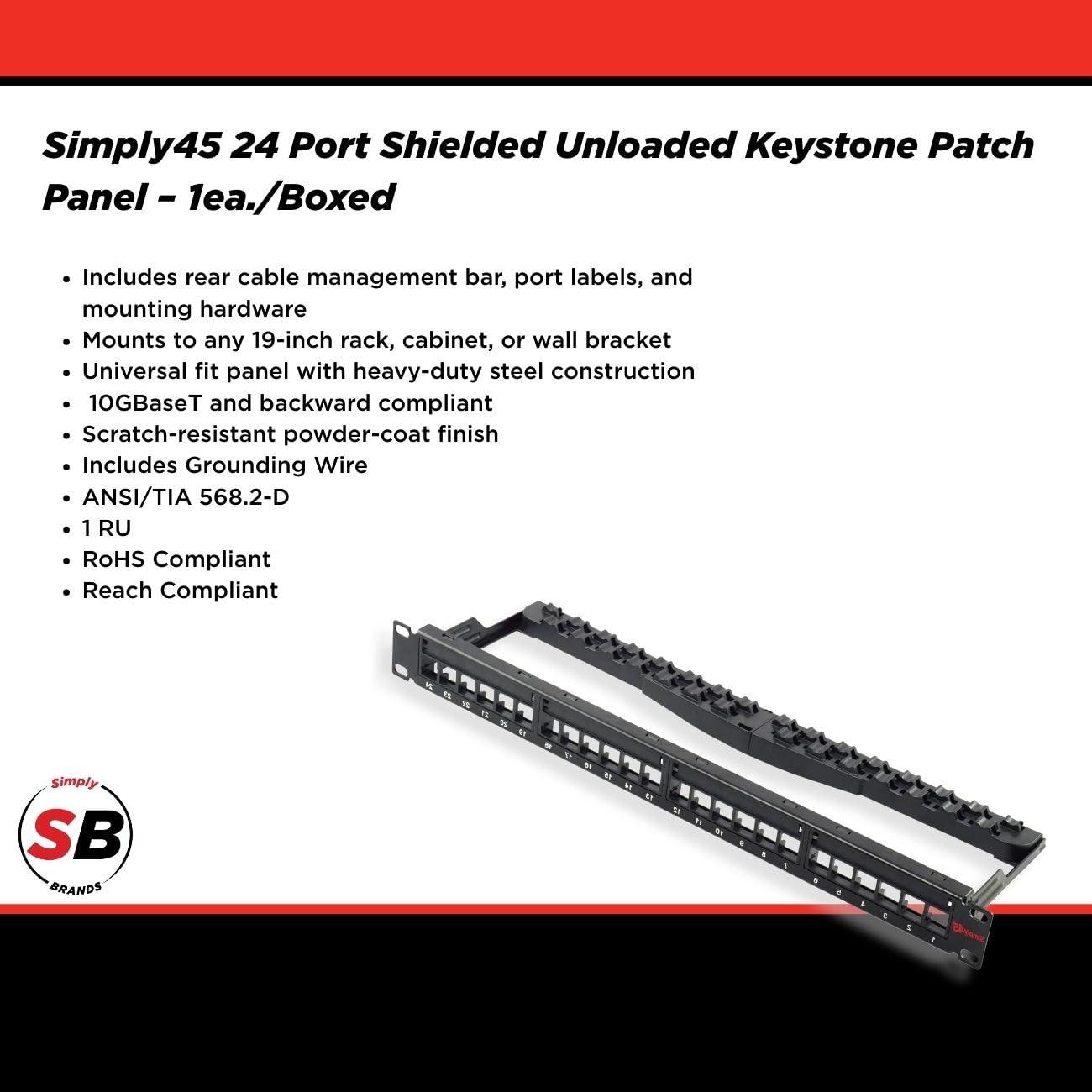Simply45 Simply45 24-Port Unloaded STP Keystone Patch Panel - 1RU, Includes Cable Management Bracket, 24 Cable Ties and Rack Screws - S45-2024SU