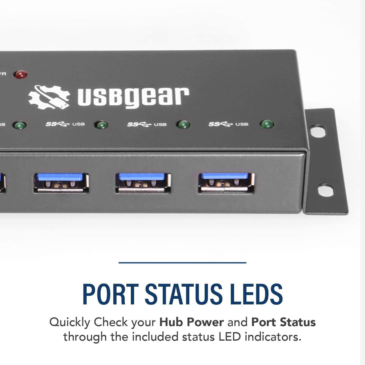USBGear Compact 4-Port USB 3.2 Gen 1 Mini High-Power Hub w/Power Adapter, Port Status LEDs, 5 Gbps Data, Surface Mountable