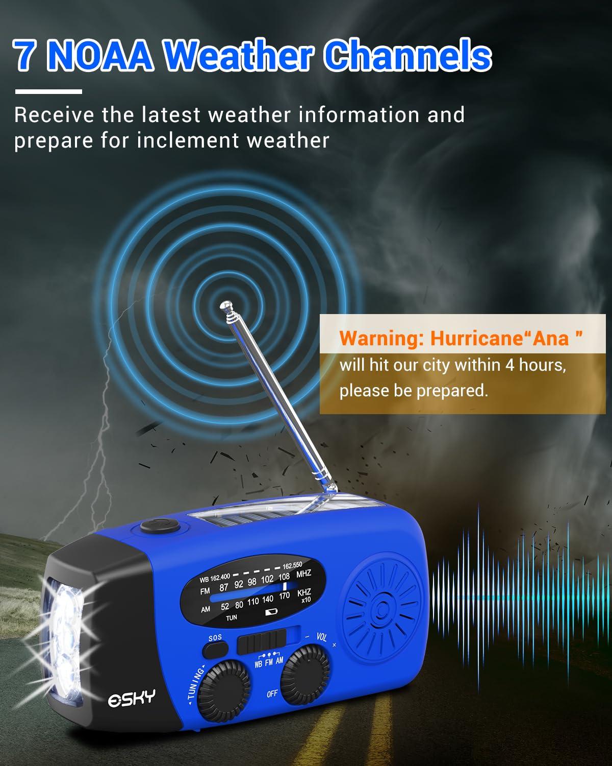 Esky Esky Emergency Hand Crank Radio with 3 LED Flashlight, AM/FM/NOAA Portable Weather Radio with 2000mAh Power Bank Phone Charger, Solar Powered USB Rechargeable Radio for Indoor Outdoor Camping, Blue