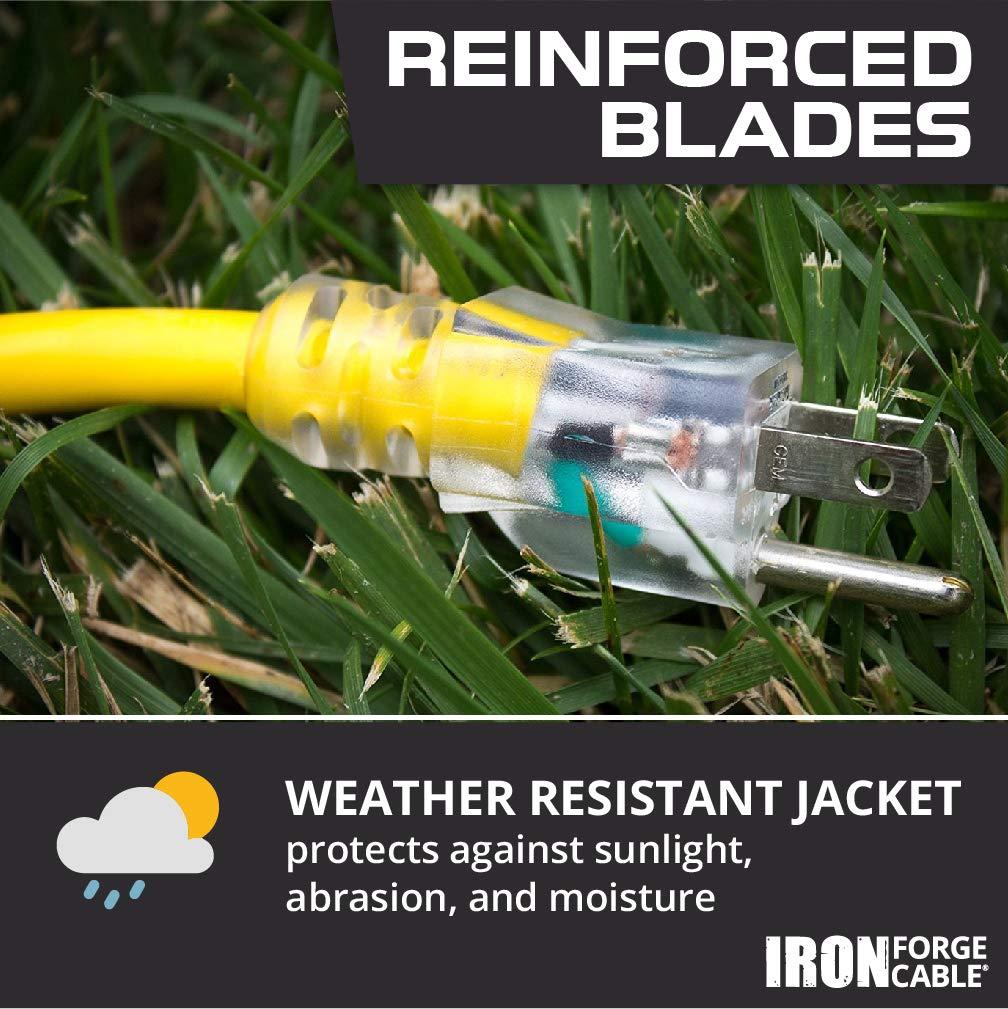 IRON FORGE CABLE IRON FORGE CABLE 50 ft Lighted Outdoor Extension Cord - 12/3 SJTW Heavy Duty Yellow Extension Cable with 3 Prong Grounded Plug for Safety, 15AMP - Great for Garden and Major Appliances