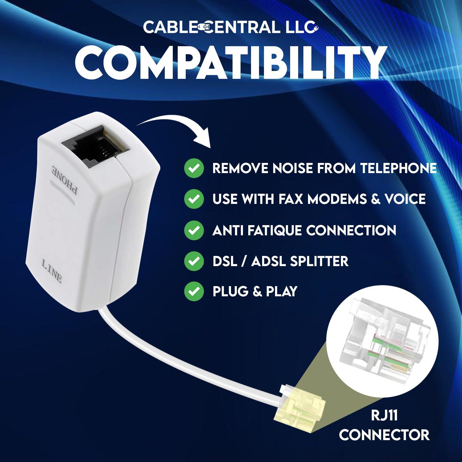 Cable Central LLC Cable Central LLC Inline DSL Filter (10 Pack) White - DSL Modem Phone Filter for Answering Machine, Fax Machine, Telephones Landline - DSL Jack for Interference Elimination and Static Noise Blocker