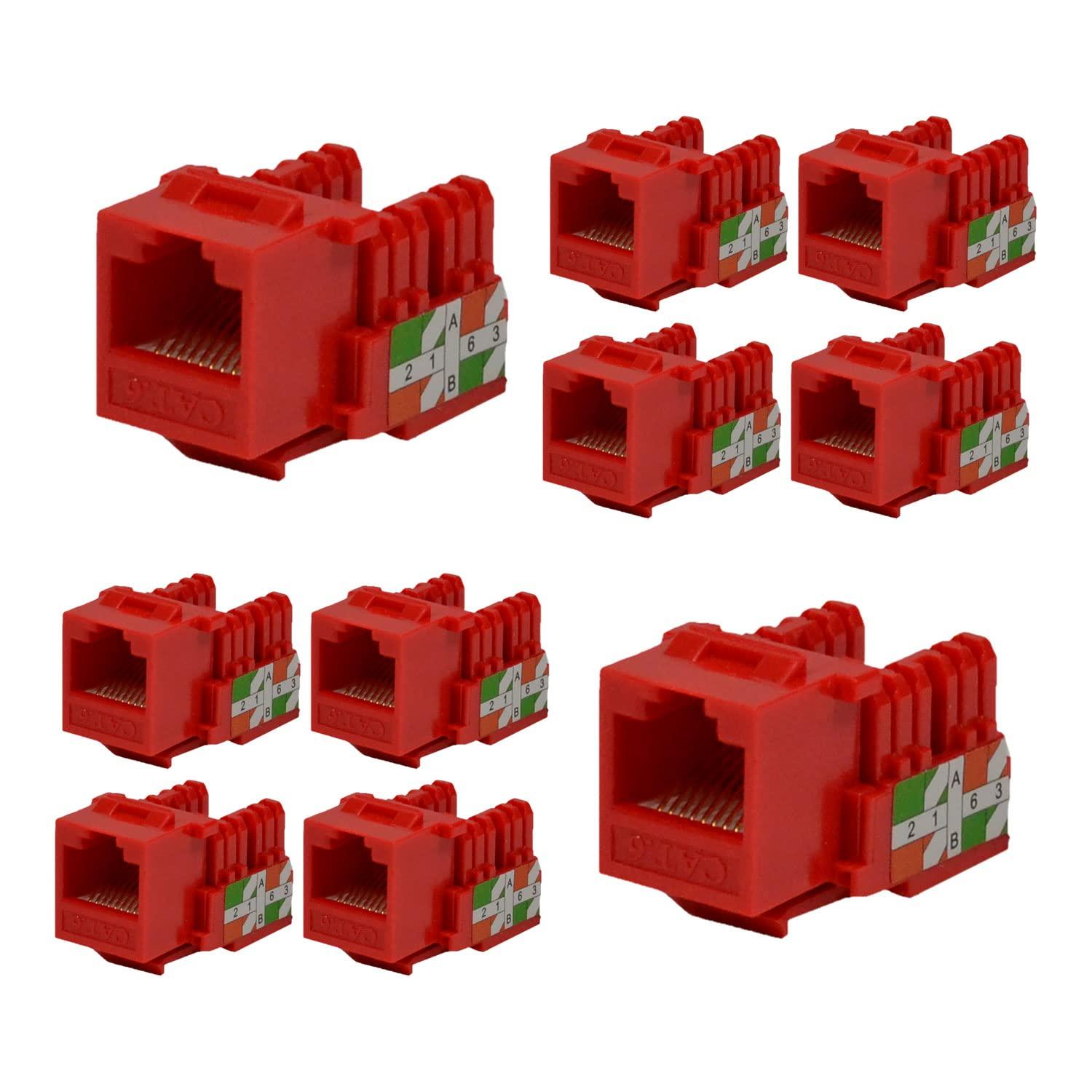 LOGICO LOGICO 10 Pack Cat6 Keystone Jacks Red with Dust Cap – 22-26 AWG PCB Female RJ45 Connectors for Network Ethernet Wall Jack Insert | Cat 6 110 Punch Down Block Socket 8-Port, 8-Connector (8P8C)