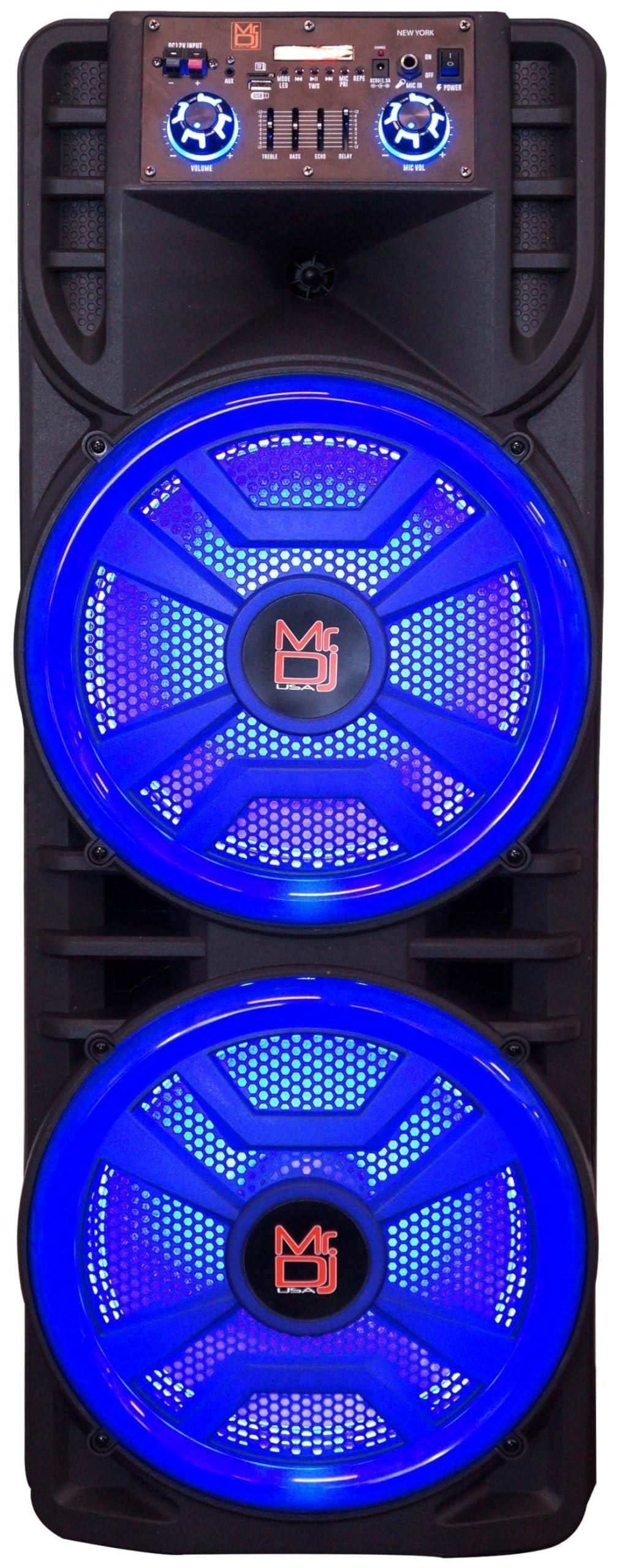 Mr. Dj MR DJ USA Newyork+ 12" X 2 Rechargeable Portable Bluetooth Karaoke Speaker with Party Flame Lights Microphone TWS USB FM Radio + 18-LED Moving Head DJ Light