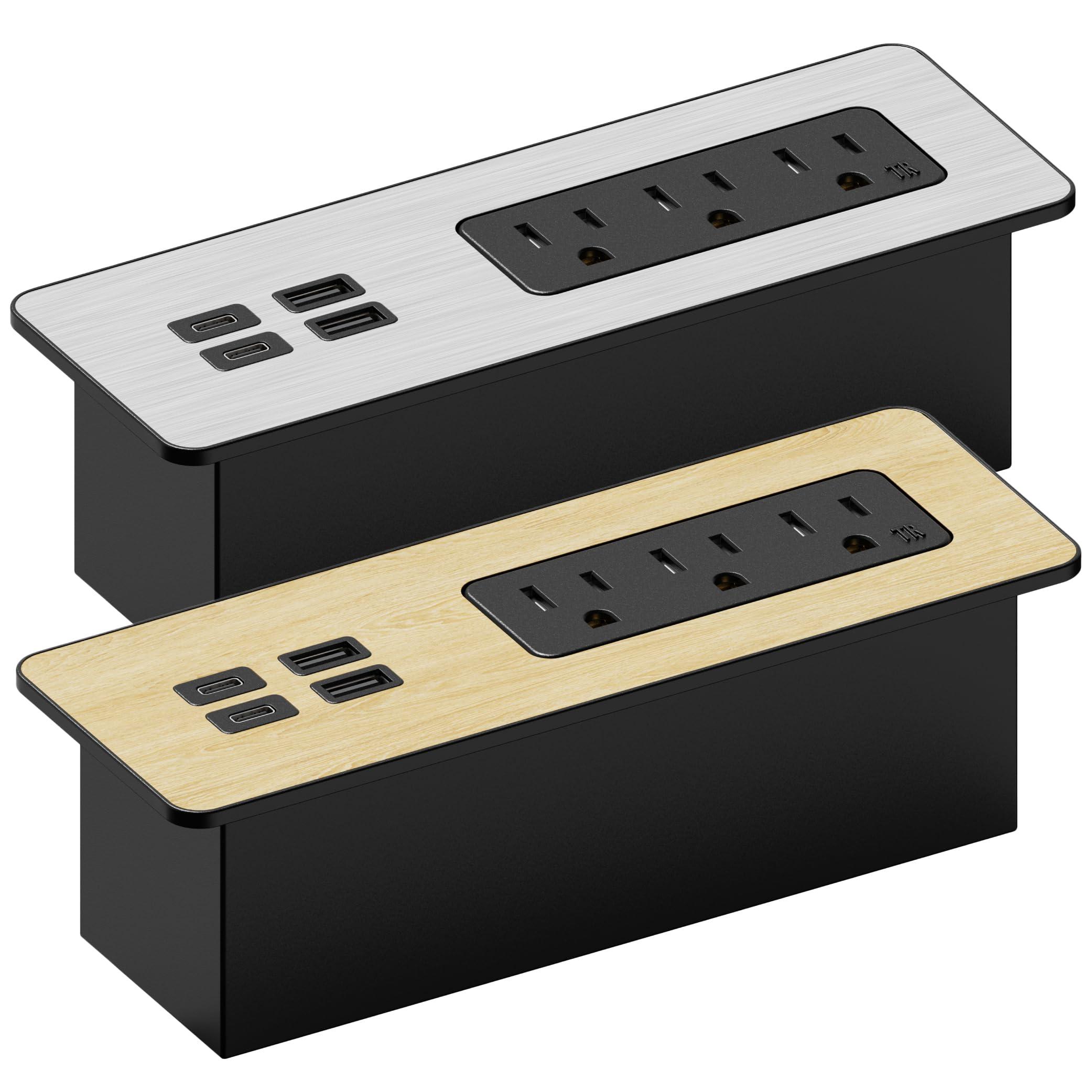 Emerising PD 65W Recessed Power Strips, Flush Mount Power Outlet with 2 USB-C Ports,Fast Charging Station,Conference Surge Protector Recessed Outlets,6Ft Extension Cord,Office/Home Furniture Mountable (1)