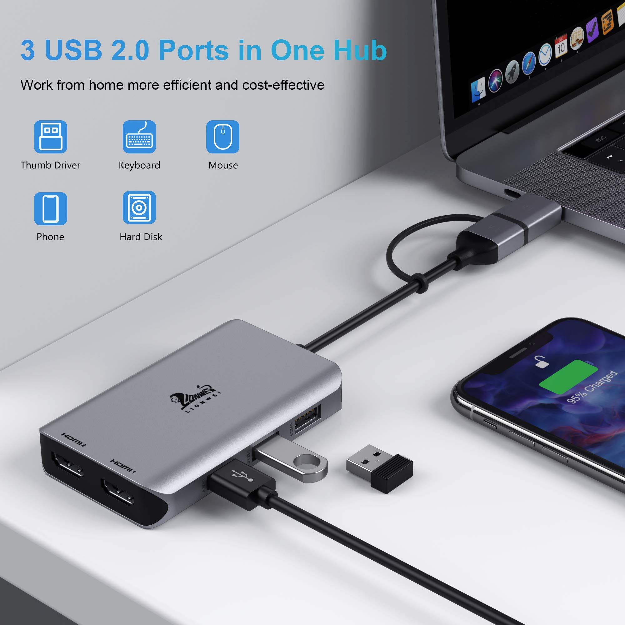 LIONWEI LIONWEI USB 3.0 to Dual HDMI Docking Station for Windows & macOS, USB C Adapter 2 Monitor Splitter for MacBook Pro/Air/M1/M2/Dell/HP/Lenovo/Surface