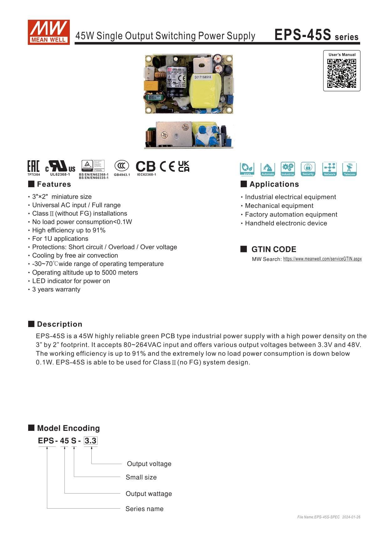 MEAN MELL Mean Well EPS-45S-24 45.6W Single Output Switching Power Supply EPS-45S 24V 1.9A