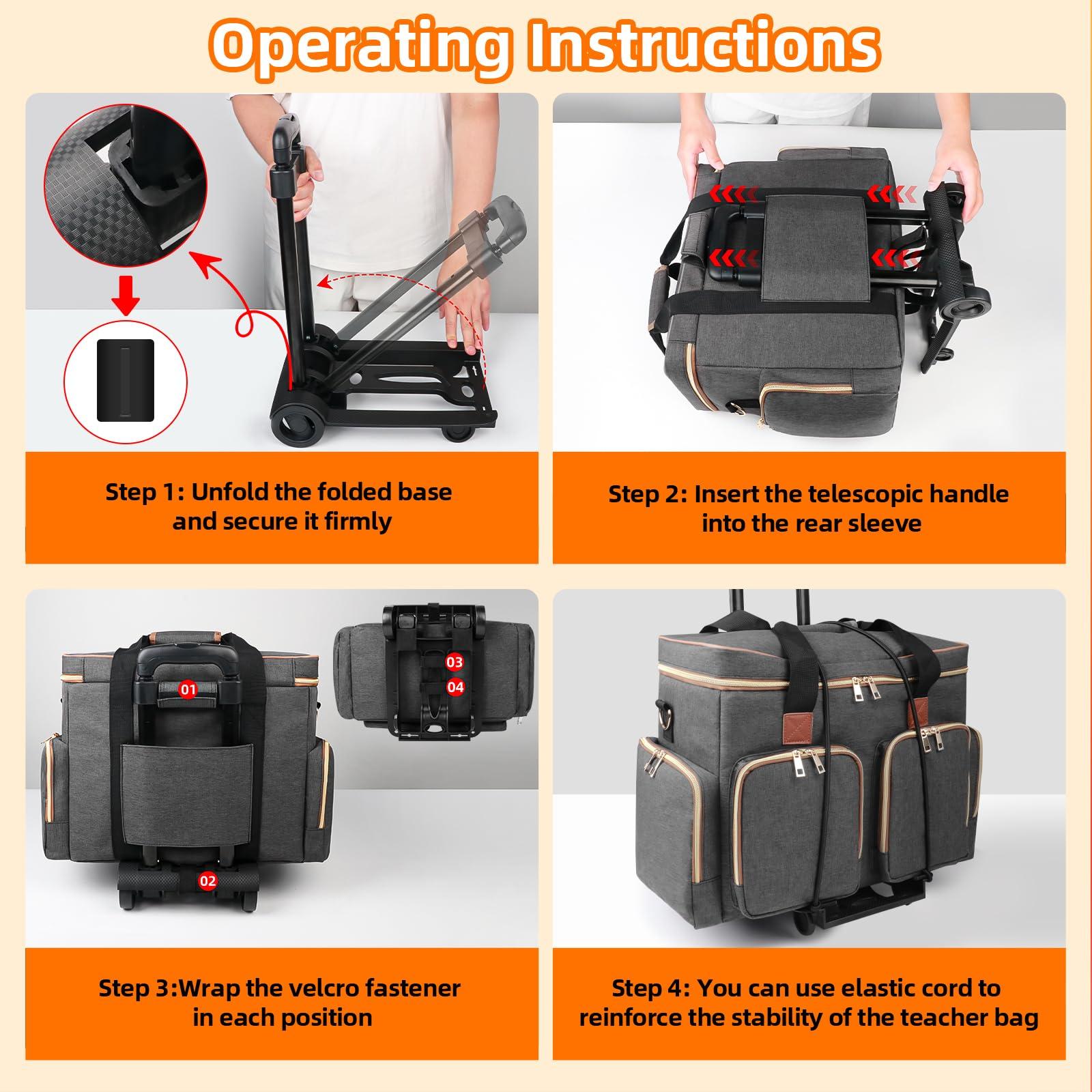 Sambois Sambois Rolling Teacher Tote Bag with Detachable Trolley, Wheeled Teacher Bag with Padded Laptop Compartment for up to 15.6 Inch, Multifunctional Rolling Briefcase for Teaching& Office (Elegant Gray)