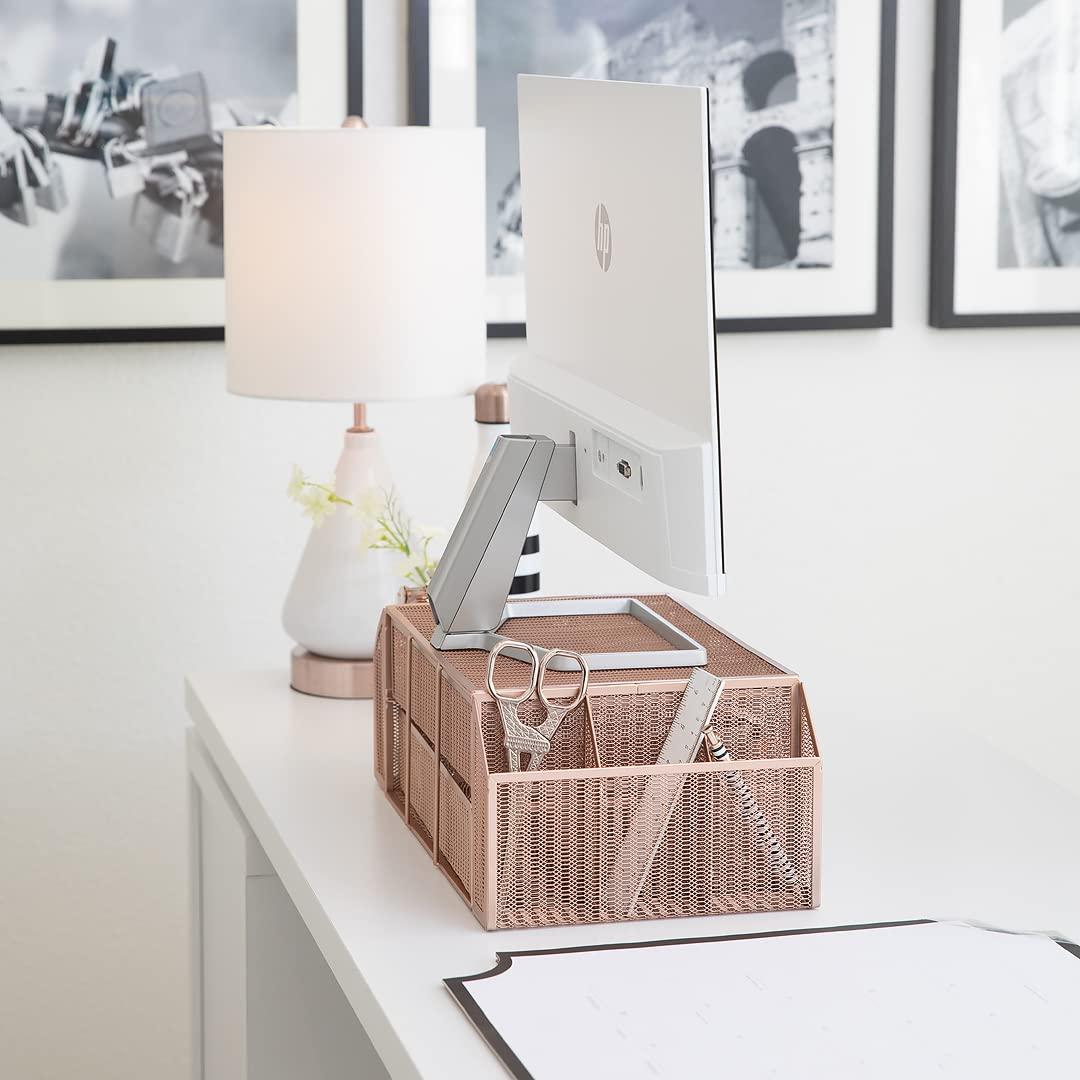 BLU MONACO Blu Monaco Rose Gold Monitor Stand with Drawer Computer Monitor Riser with Storage Laptop Stand for Desk with Storage - Laptop organizer - Desk Organizer with Drawers