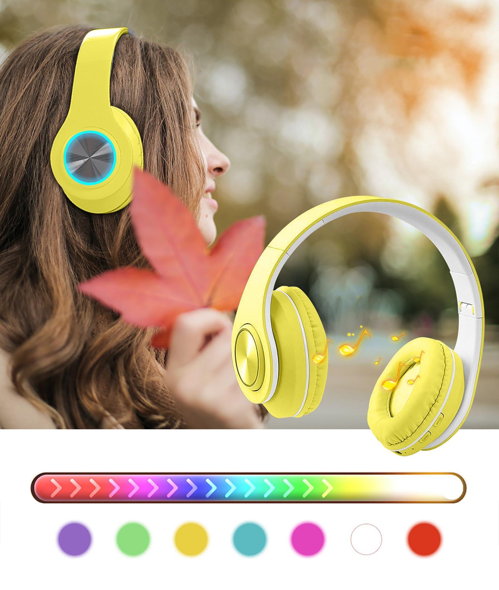 E-Greetshopping Bluetooth Over Ear Headphones ,Colorful LED Lights Headphones ,Foldable Hi-Fi Stereo Headphones with in Microphone, Wired and Wireless Headphones for Classroom/Home Office/PC/Mobile (yellow)
