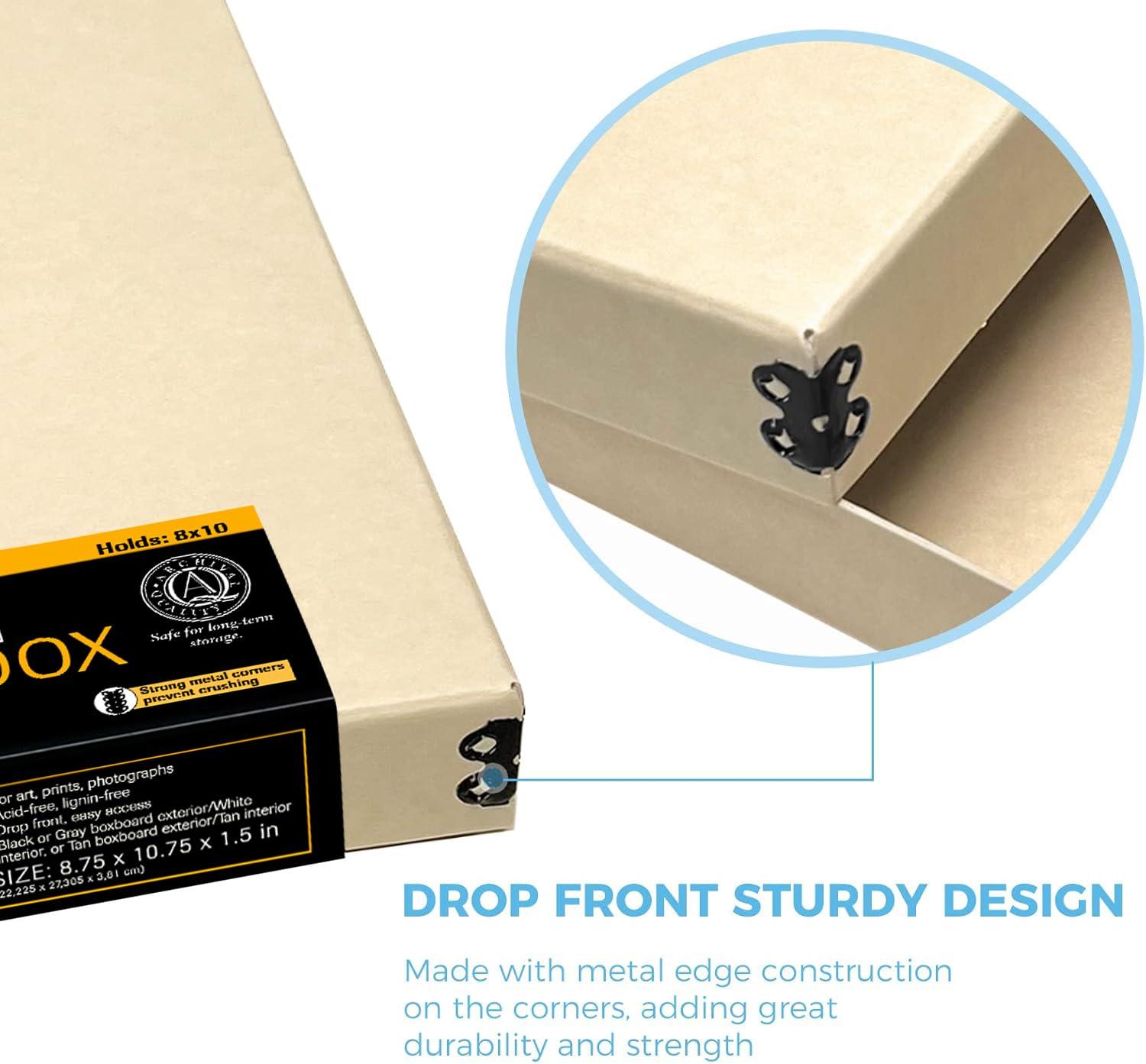 Lineco Lineco Museum Storage Box Tan, 8"x10"x1.5", Archival Boxboard, Drop-Front Design with Metal Edge. Organize, Store and Preserve Photographs, Prints, Documents, Art, Ephemera, Family Records