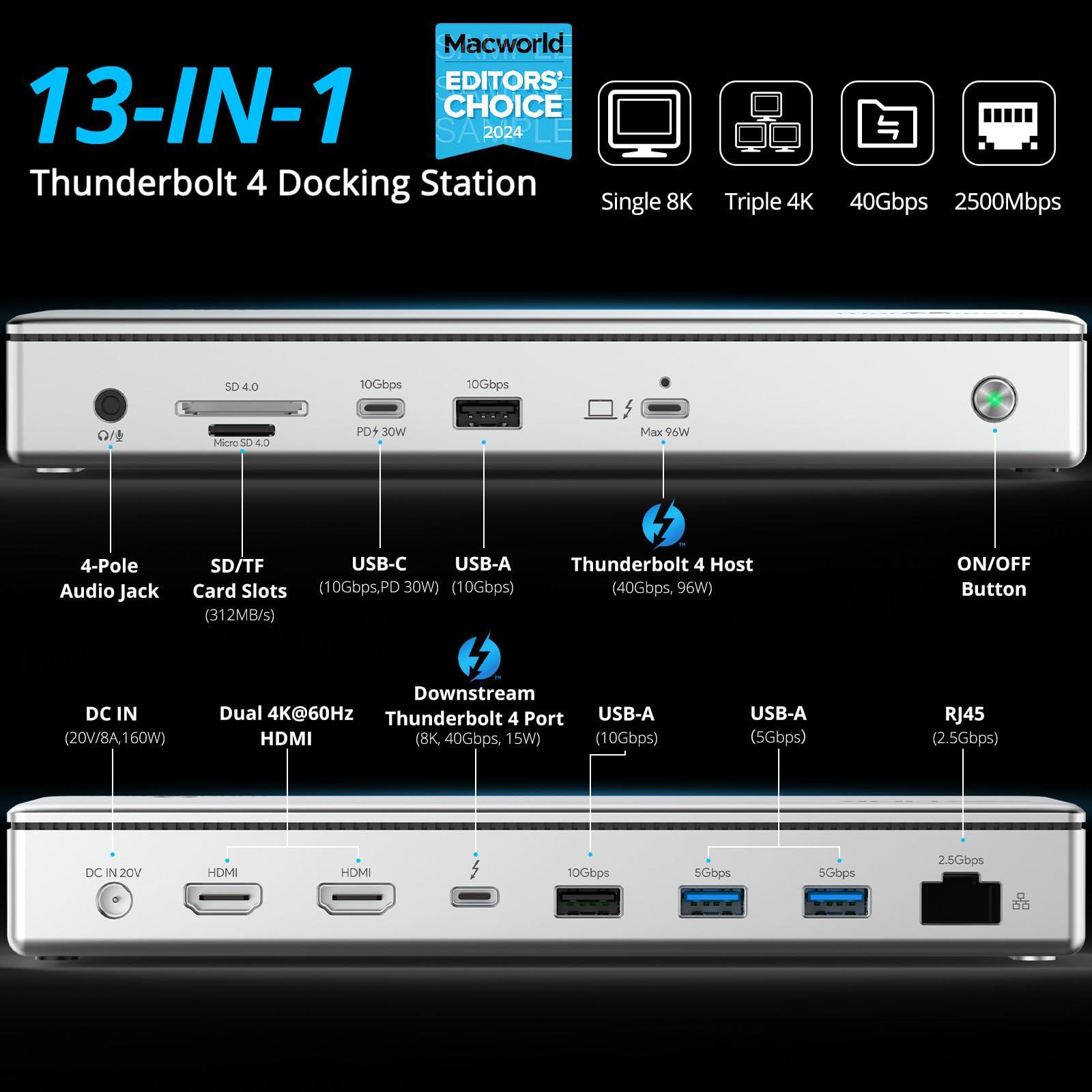 WAVLINK WAVLINK Thunderbolt 4 Hub with Dual HDMI 4K@60Hz,100W Charging, Thunderbolt Certified, 13-in-1 Thunderbolt 4 Dock Dual Monitor Single 8K Output for Windows or Mac, 4X USB, 2.5G Ethernet,SD/MicroSD