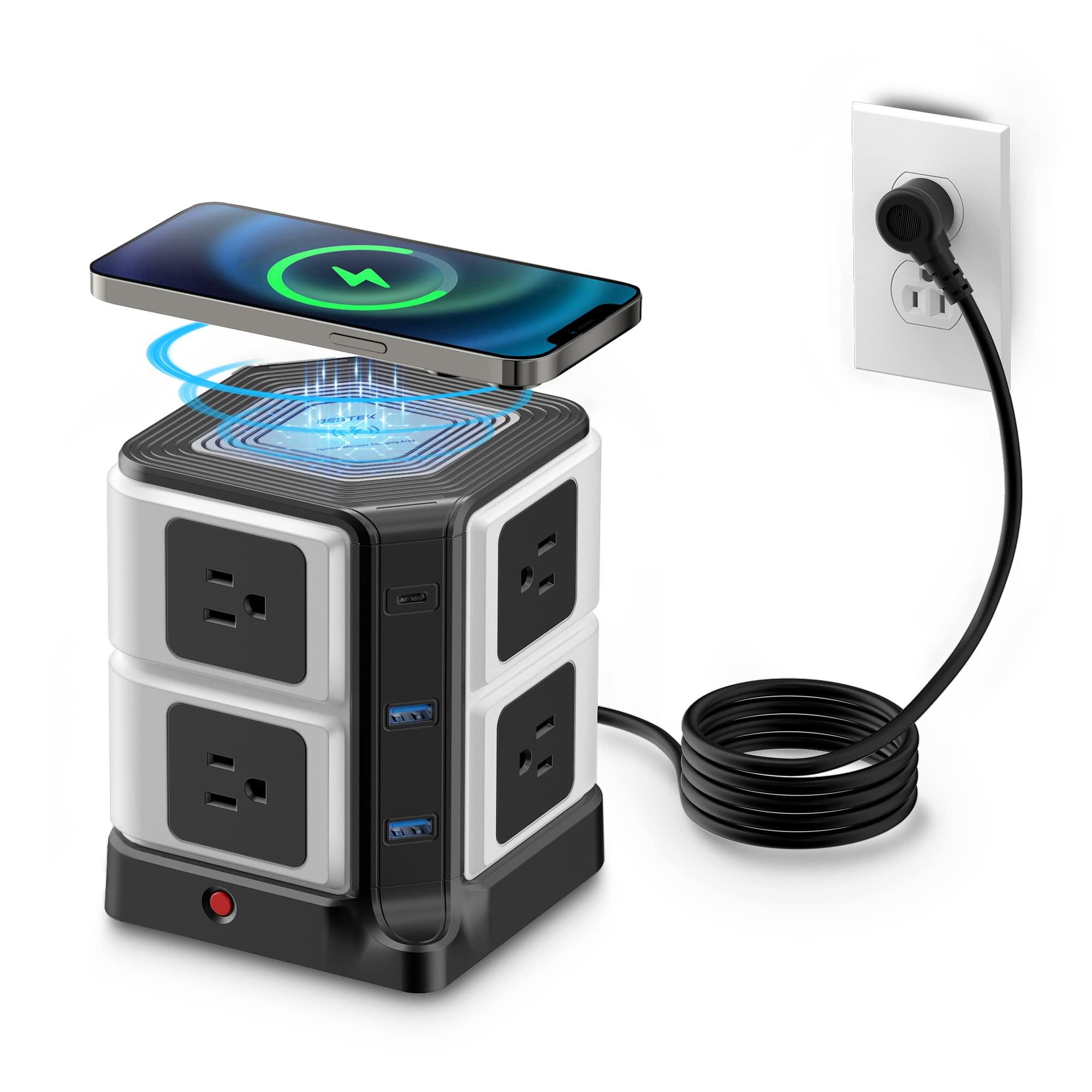 BESTEK USB Power Strip with Wireless Charger BESTEK 8-Outlet Surge Protector and 40W 6-Port USB Charging Dock Station,1500 Joules,ETL Listed,Dorm Room Accessories (8AC+6USB+Wireless Charger-Black)
