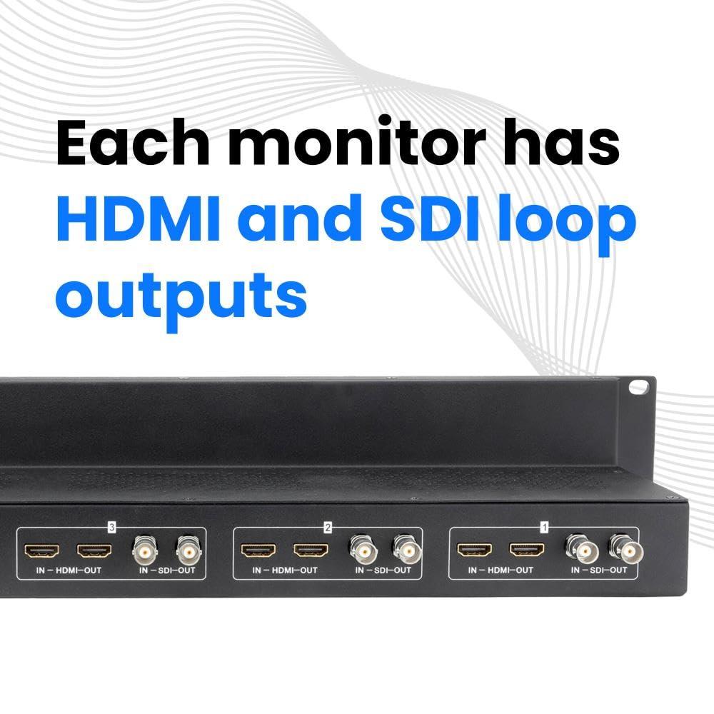 ELVID ELVID Triple 5" Full HD Rackmount Monitor Triple IPS Displays, HDMI & 3G-SDI Inputs, Wide Viewing Angle, 3D LUT Support, Integrated Waveform & Vectorscope, Ethernet Control