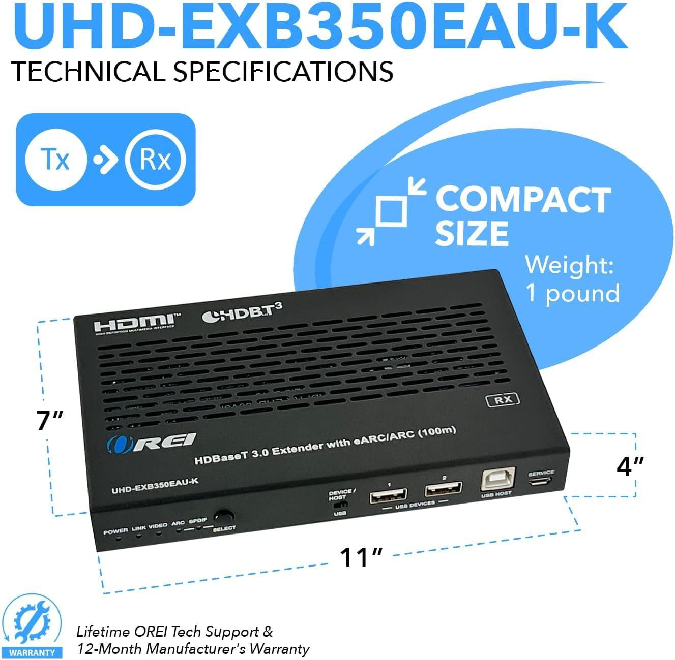 OREI OREI 4K eARC HDMI Extender Balun HDBaseT 3.0 UltraHD 4K @ 60Hz 4:4:4 Over Single CAT5e/6/7 Cable with HDR, LAN, ARC & IR Support, RS-232 Up to 330 Ft Audio Out - Power Over Cable - LAN Out