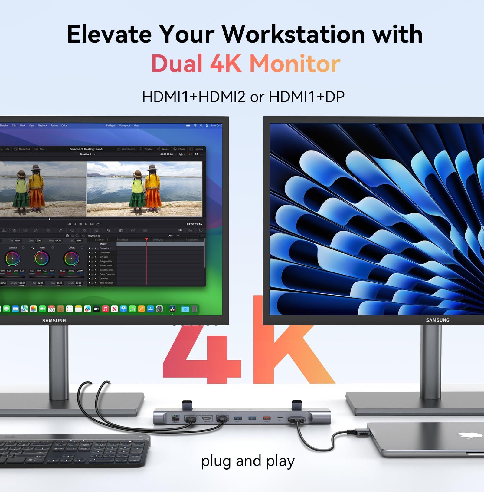 TOBENONE TobenONE MacBook Pro Docking Station Dual 4K@60Hz Monitor, 16-in-2 USB C Docking Station Stand with 2.5Gbps Ethernet,100W GaN Power Supply, 2 HDMI&Displayport, 5 USB Ports