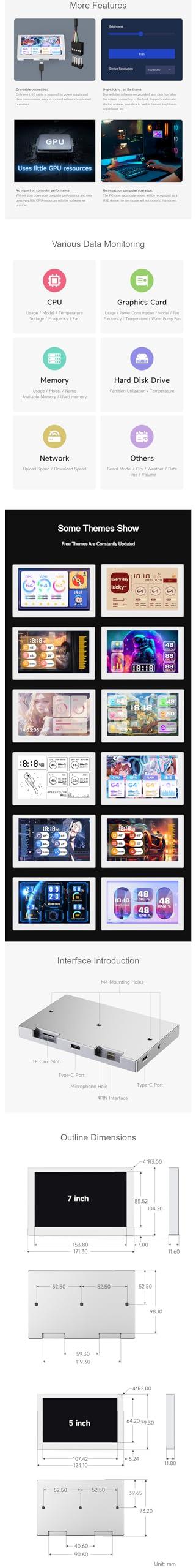 waveshare Coolwell 5 Inch USB Monitor Desktop Ambient Screen IPS Panel PC Case Secondary Screen 800480 Type-C Interface with Music Spectrum Analysis Function (Silver)