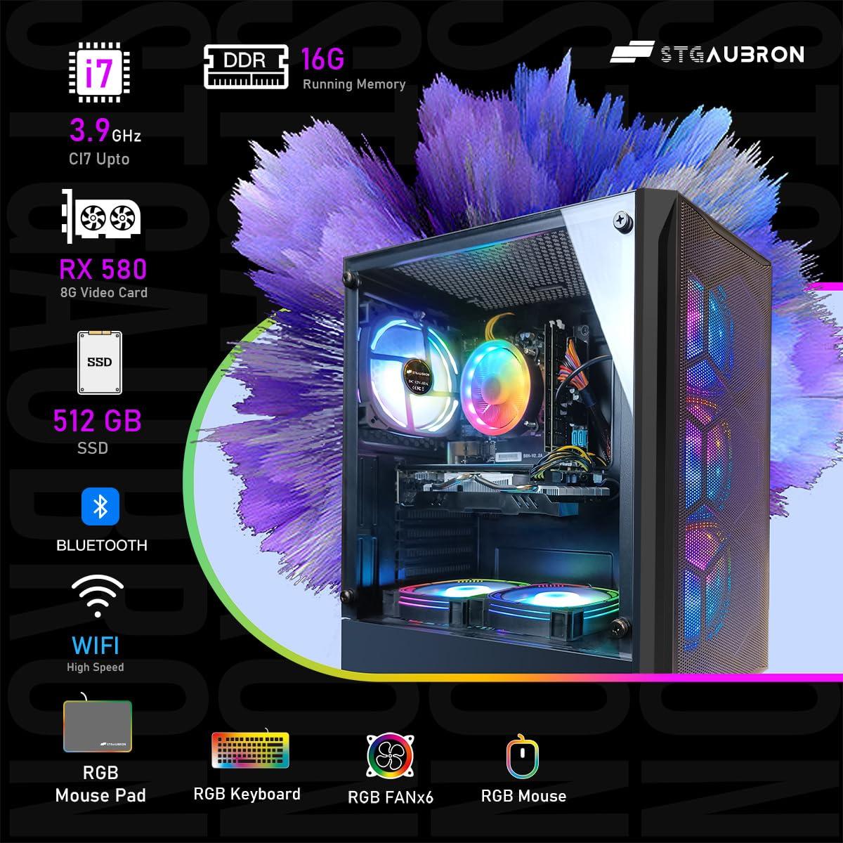 STGAubron STGAubron Gaming PC Desktop Computer, Intel Core I7 up to 3.9 GHz, Radeon RX 580 8G, 16G RAM, 512G SSD, WiFi, Bluetooth 5.0, RGB Fan x6, RGB BT Sound Bar, Windows 10 Home