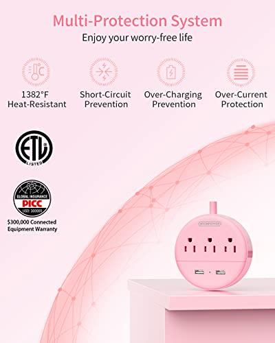 NTONPOWER Pink Extension Cord 15ft, NTONPOWER Flat Plug Power Strip with Long Extension Cord, 3 Outlet 2 USB Desktop Charging Station Wall Mount for Home, Dorm Room, Office and Nightstand, ETL Listed