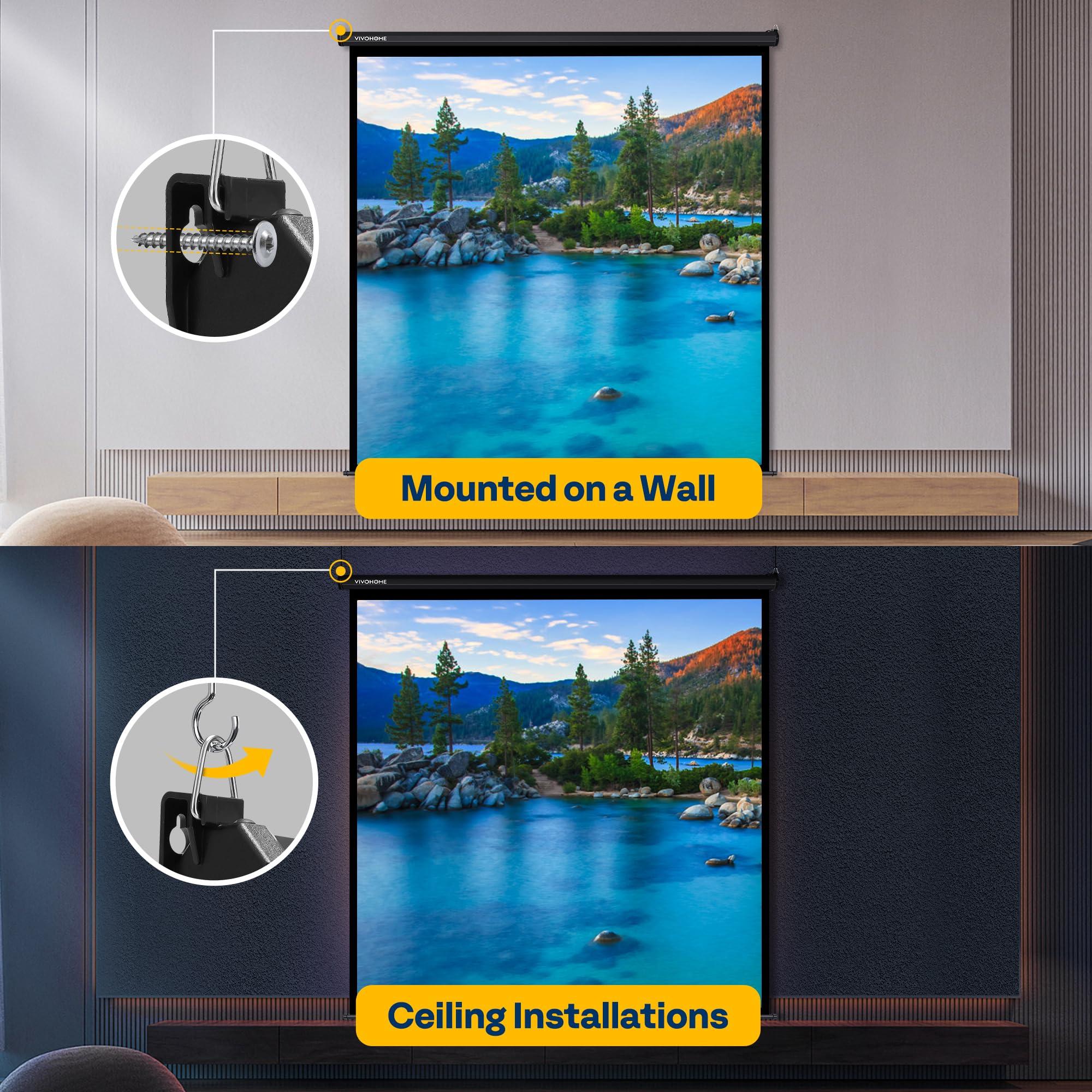 VIVOHOME VIVOHOME Projector Screen Pull Down, 1:1 120 Inch Retractable Projection Screen, HD 4K Manual Pull Movie Screen for Home Theater, Cinema, Office (84x84 Inch Black)