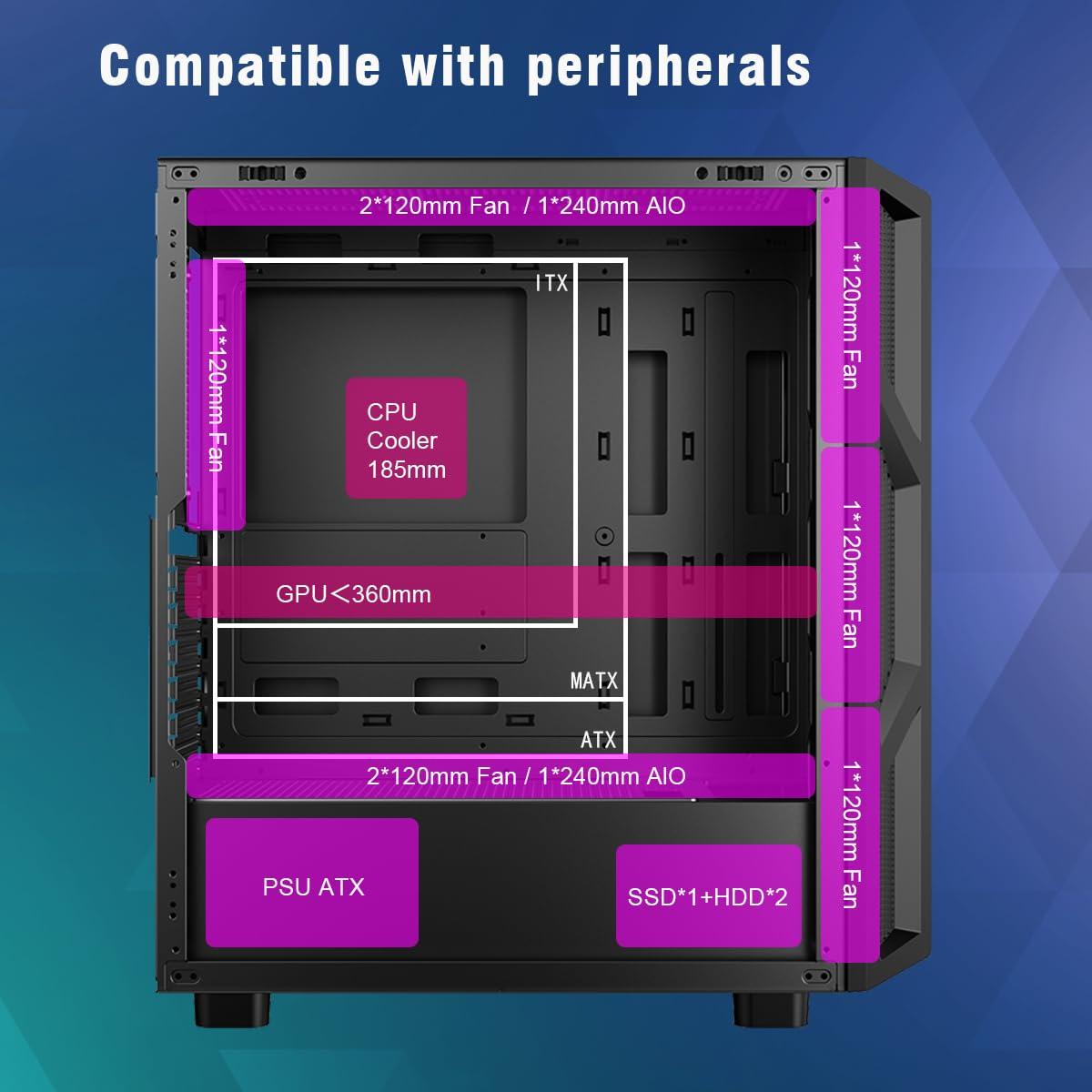 RUIX RUIX CV103 ATX Mid-Tower PC Case, Pre-Installed 4 x 120mm RGB Fans, RGB Color Lighting, Tempered Glass, USB 3.0, Gaming Computer Case, High-Airflow - Black