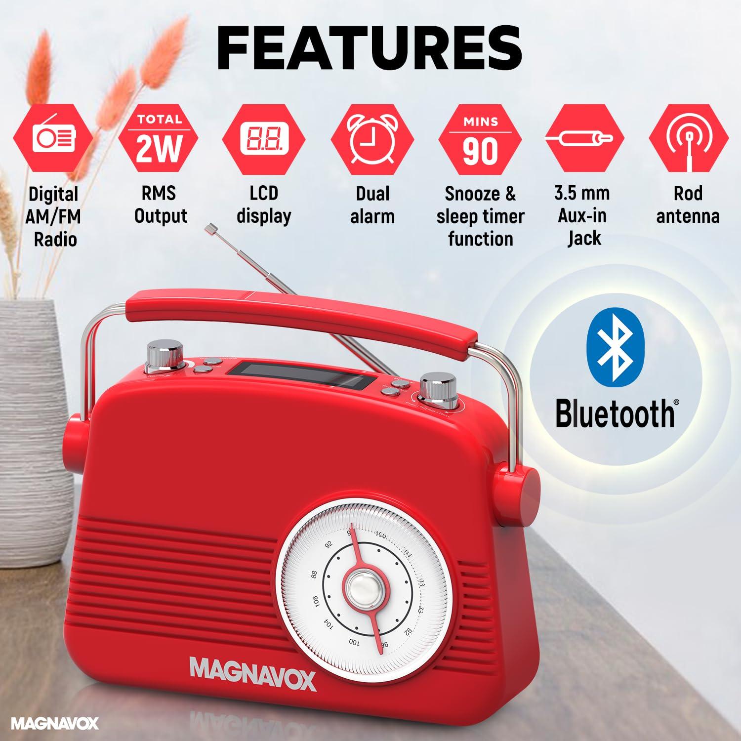 Magnavox Magnavox Retro Dual Alarm Clock FM Radio - Bluetooth Wireless Technology, LCD Display, Snooze & Sleep Timer - Ideal for Home, Bedroom & Office (Red)