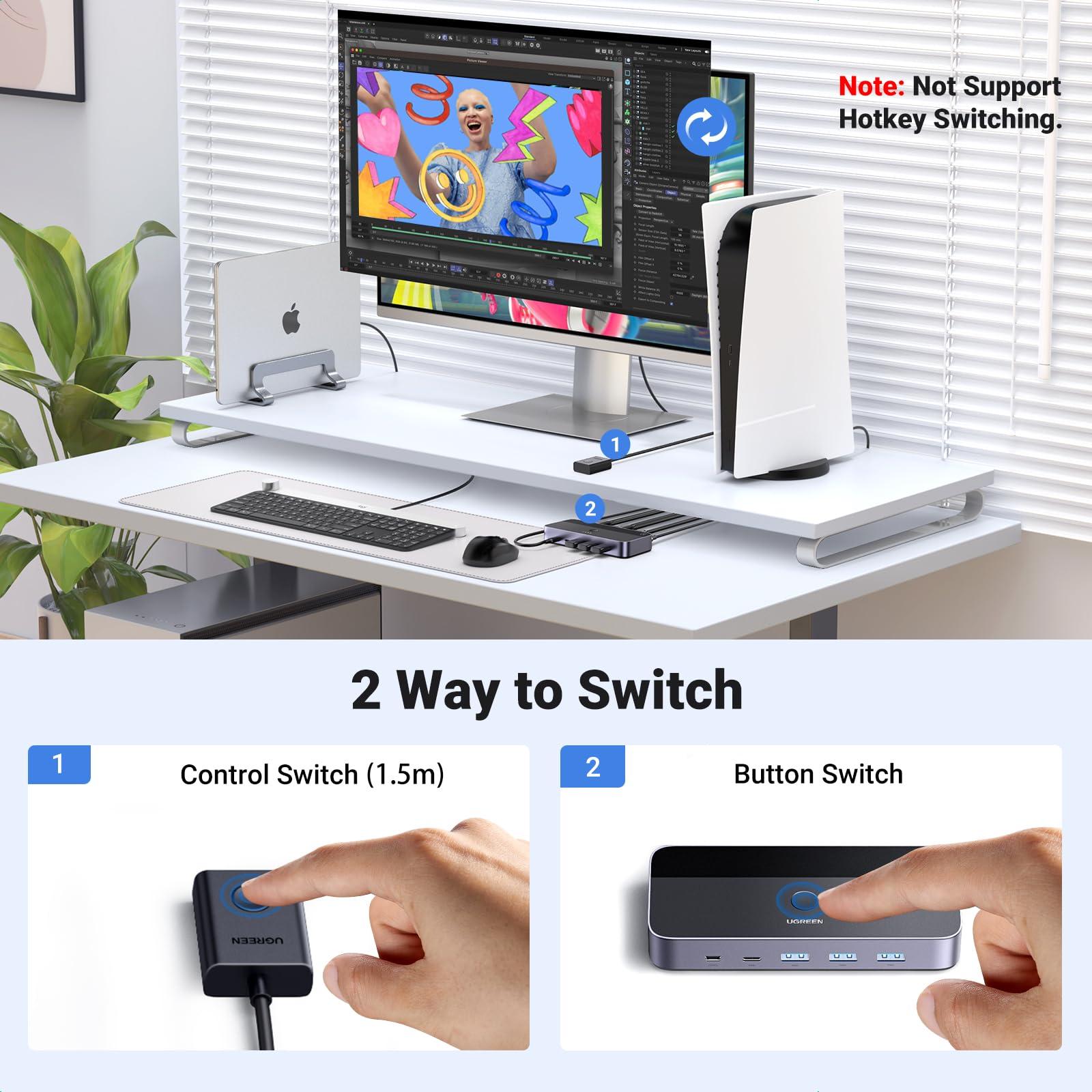 UGREEN UGREEN USB 3.0 HDMI KVM Switch with 4 USB 3.0 Ports 4K@60Hz for 2 Computers Sharing 1 Monitor Keyboard Mouse Hard Drives Printer, with 2 HDMI Cables, 2 USB Cables and Controller