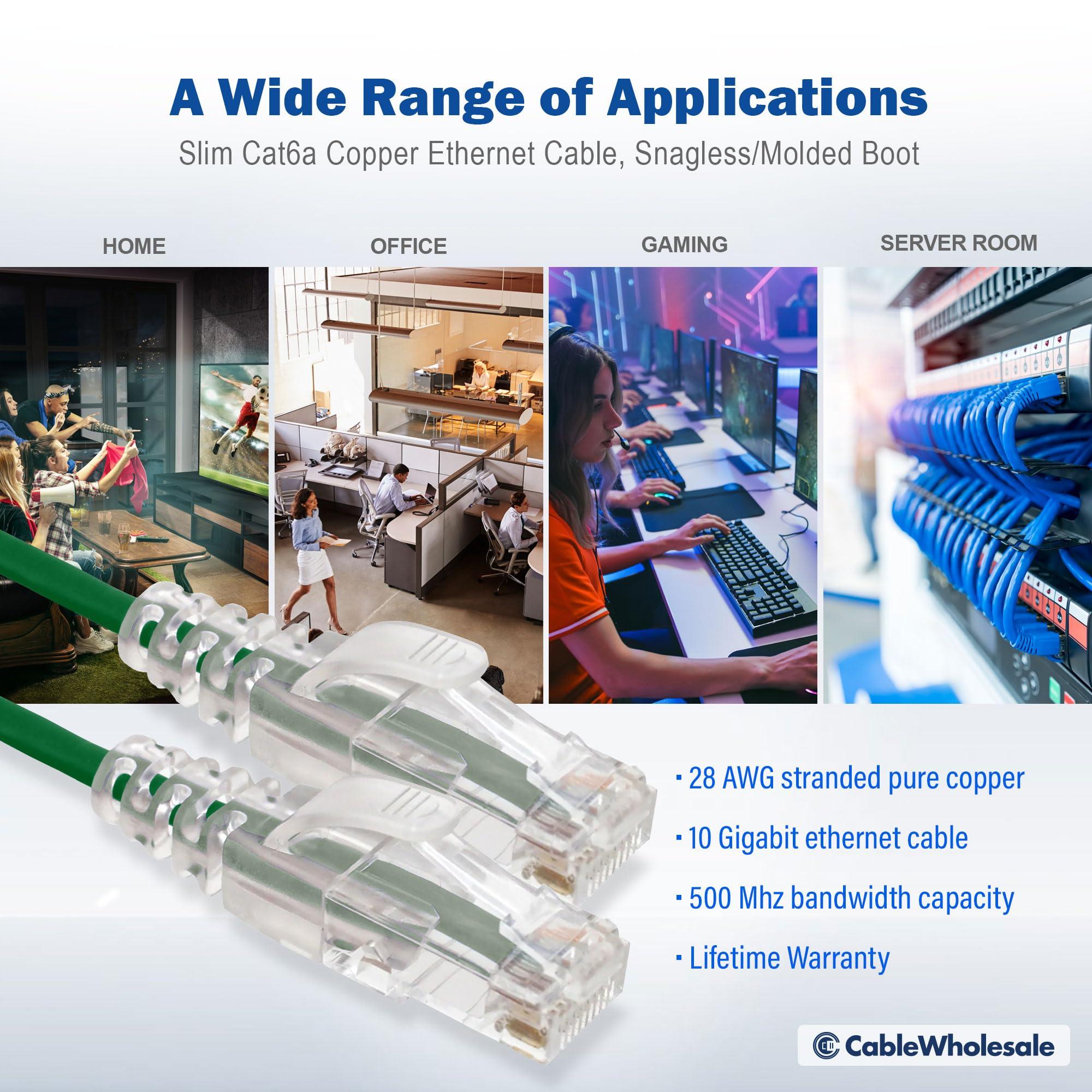 CableWholesale CableWholesale Slim Cat6a Ethernet Patch Cable, 28AWG, 500MHZ, ETL/UL/CSA Approved, RJ45 Copper Connector Snagless/Boot, Internet Network Patch Cable, Green, 1 Foot