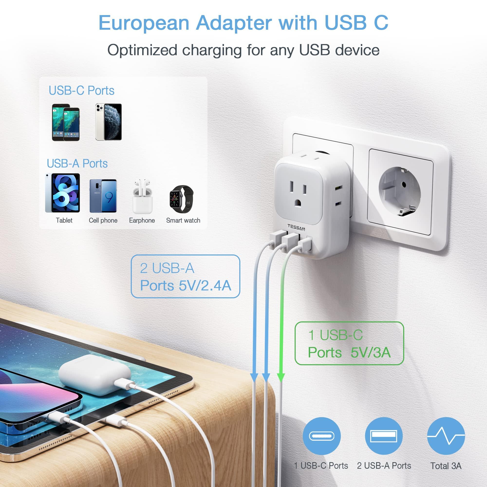 TESSAN TESSAN European Travel Plug Adapter USB C, Type C Power Adaptor with 4 AC Outlets for USA to EU Italy Iceland Spain France Greece Germany
