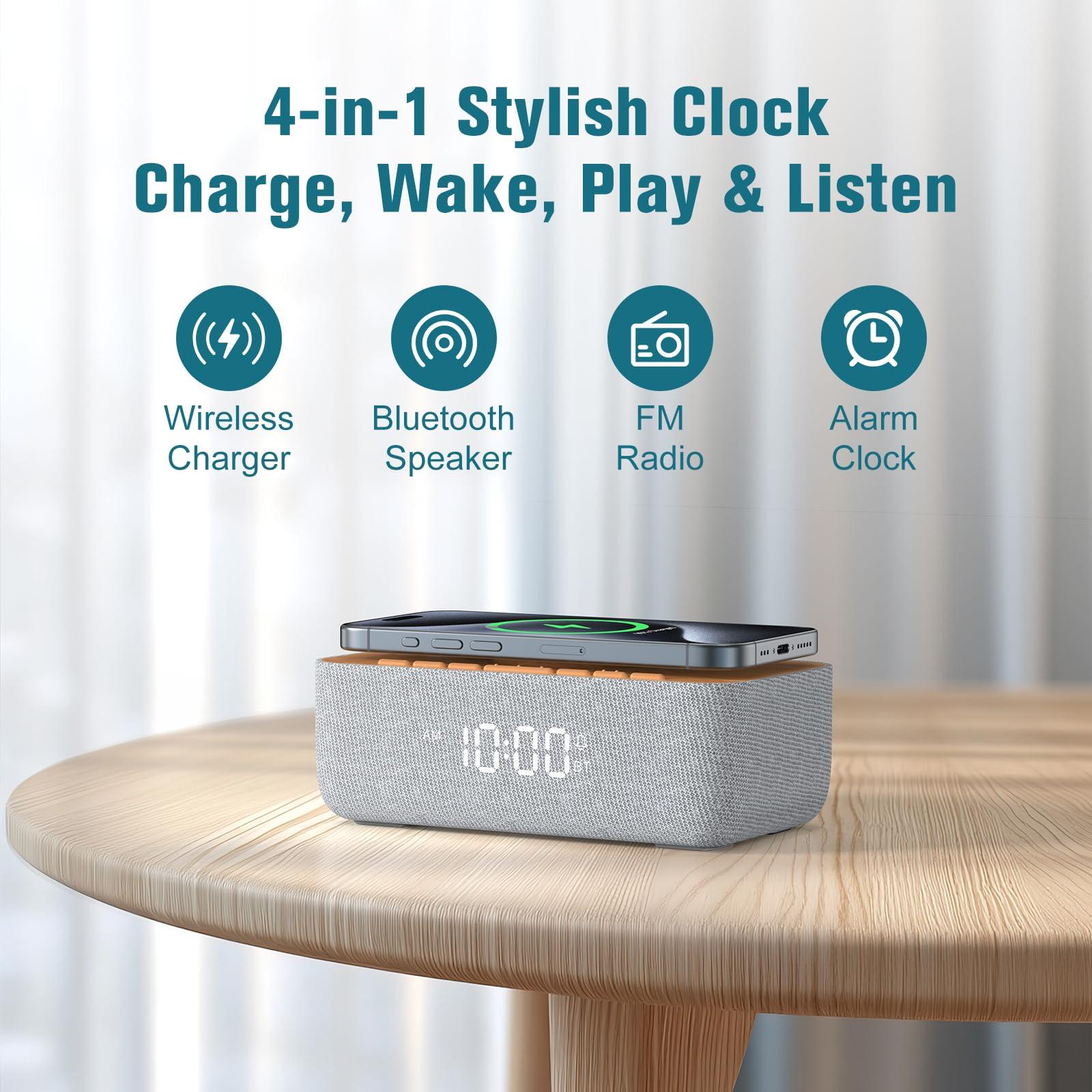 REACHER REACHER Alarm Clock Radio, Alarm Clock for Phone/iPhone Charger with Fast Magnetic Wireless Charging, Bluetooth Speaker Charger, FM Radio with Bluetooth, Dimmable Display, Bedroom, Bedside, Desk