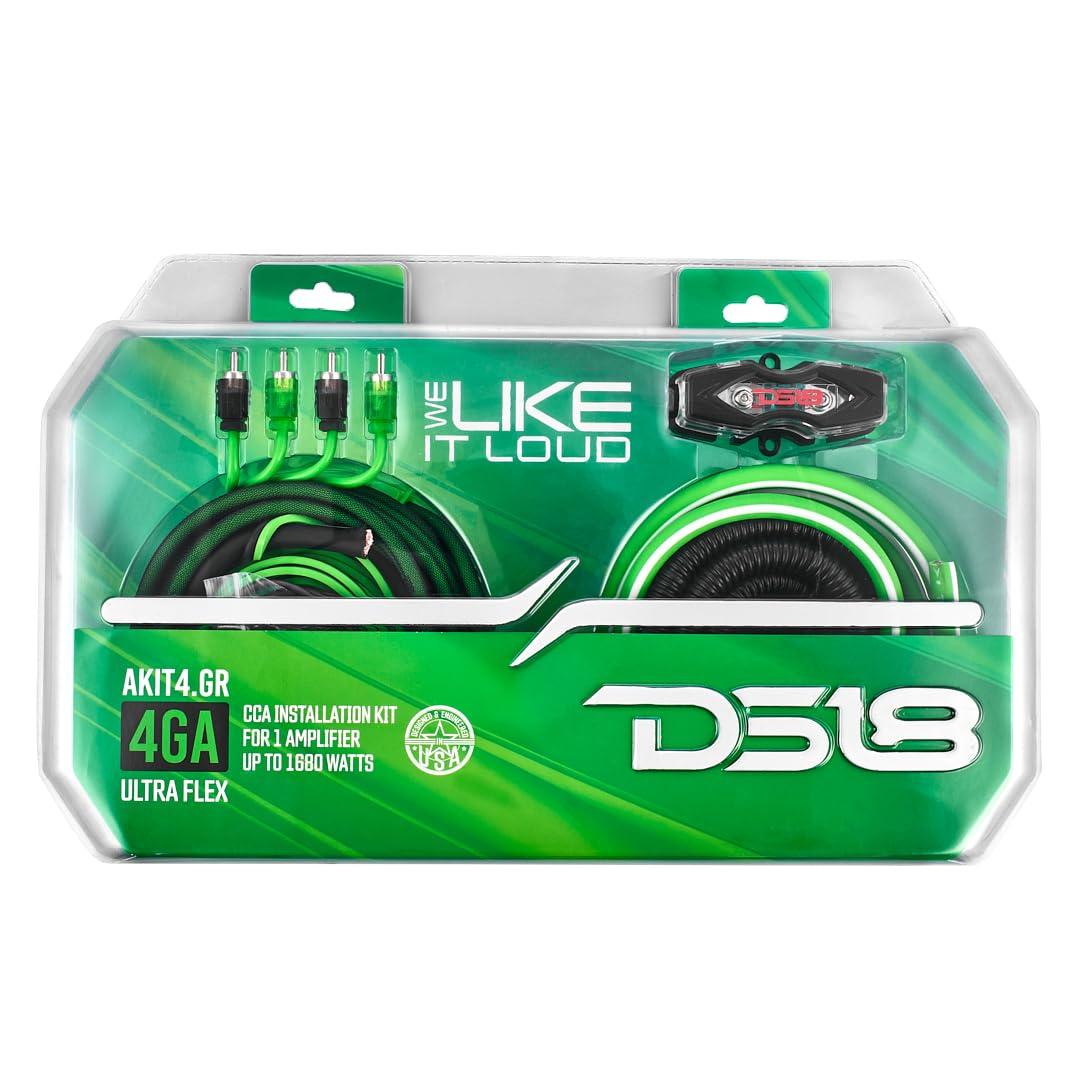 DS18 DS18 AKIT4.GR 4-GA Amplifier Installation Kit Up to 1680 Watts RMS, Mini-ANL Fuse Holder, Speaker & RCA Cables, CCA Amplifier Wiring Kit, Ultra Flex Wire, Amp Wire Kit, Amp Wiring Kit 4 Gauge - Green