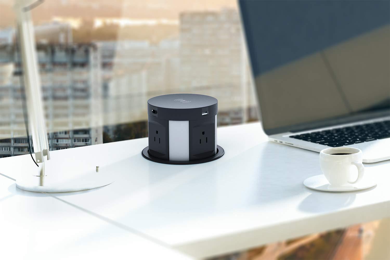 Kungfuking Automatic Pop Up Outlet Surge Protector Retractable Hidden Recessed Power Strip Power Socket with Wireless Charger USB Charging Station, 4US Plug+2USB+1RJ45 Port+1HDMI Port for Ofiice Conference