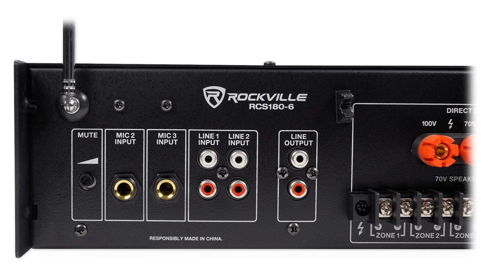 Rockville Rockville RCS180-6 180W 6 Zone 70v Commercial Amplifier with 3 x 1/4" Mic Inputs, Bluetooth, Multi-Room Audio, SD/USB Inputs, Perfect for Restaurants/Offices