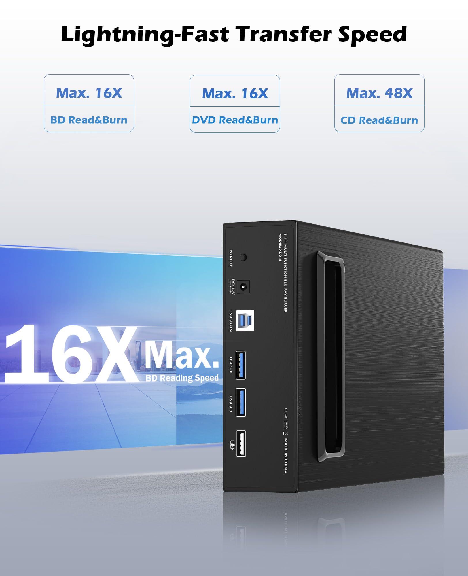 Wbacon 4 in 1 External Blu Ray Drive, 16X Blu-ray, 16X DVD, 48X CD Read/Write with SATA I/II/III Interface, USB 3.0 Type C External Bluray Burner for Laptop DVD Burner Compatible with Windows XP/7/8/10/11