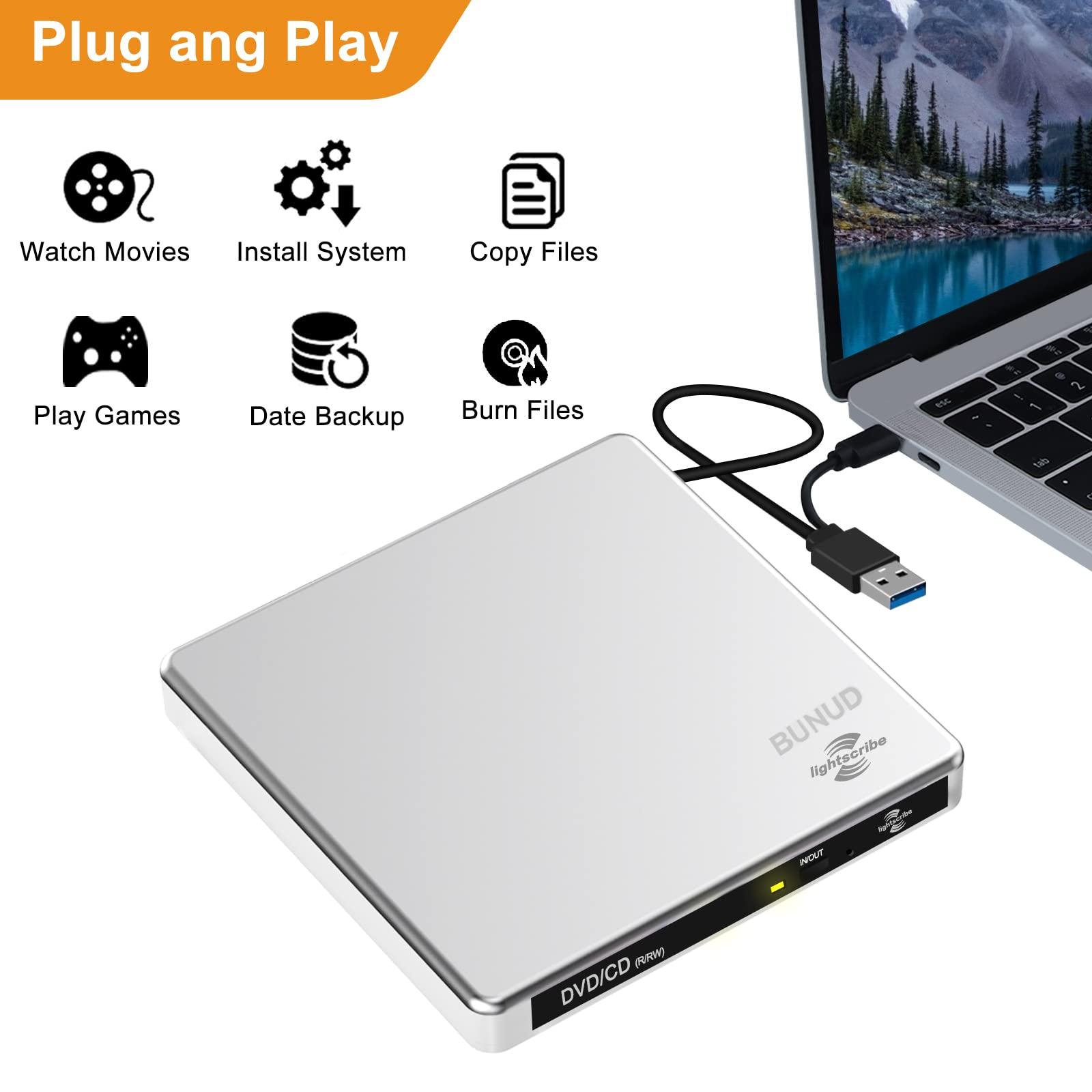 BUNUD External CD DVD Drive LightScribe CD/DVD +/-RW Burner Player Writer Optical Disk Reader Portable CD DVD Drive for Laptop Mac MacBook PC Windows 11 10 Linux OS