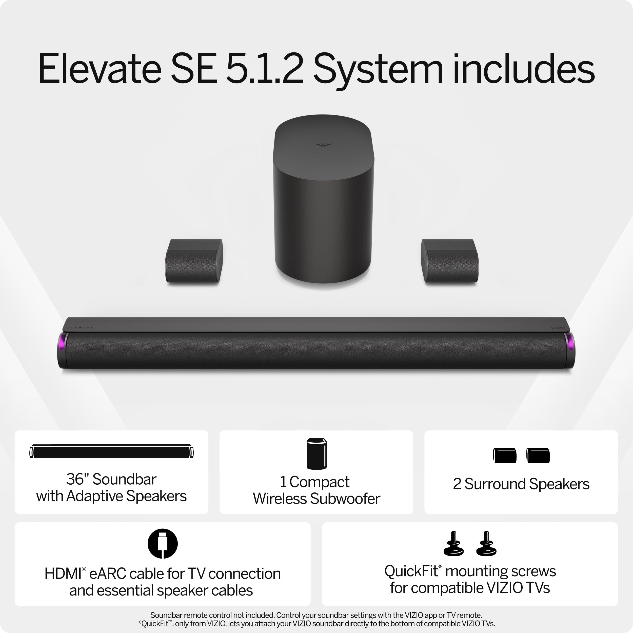 VIZIO VIZIO 5.1.2 Elevate SE Soundbar, Wireless Subwoofer, Surround Sound w/Dolby Atmos & DTS:X, Bluetooth Speaker, QuickFit Compatible SL512X-08 (New, 2024 Model)
