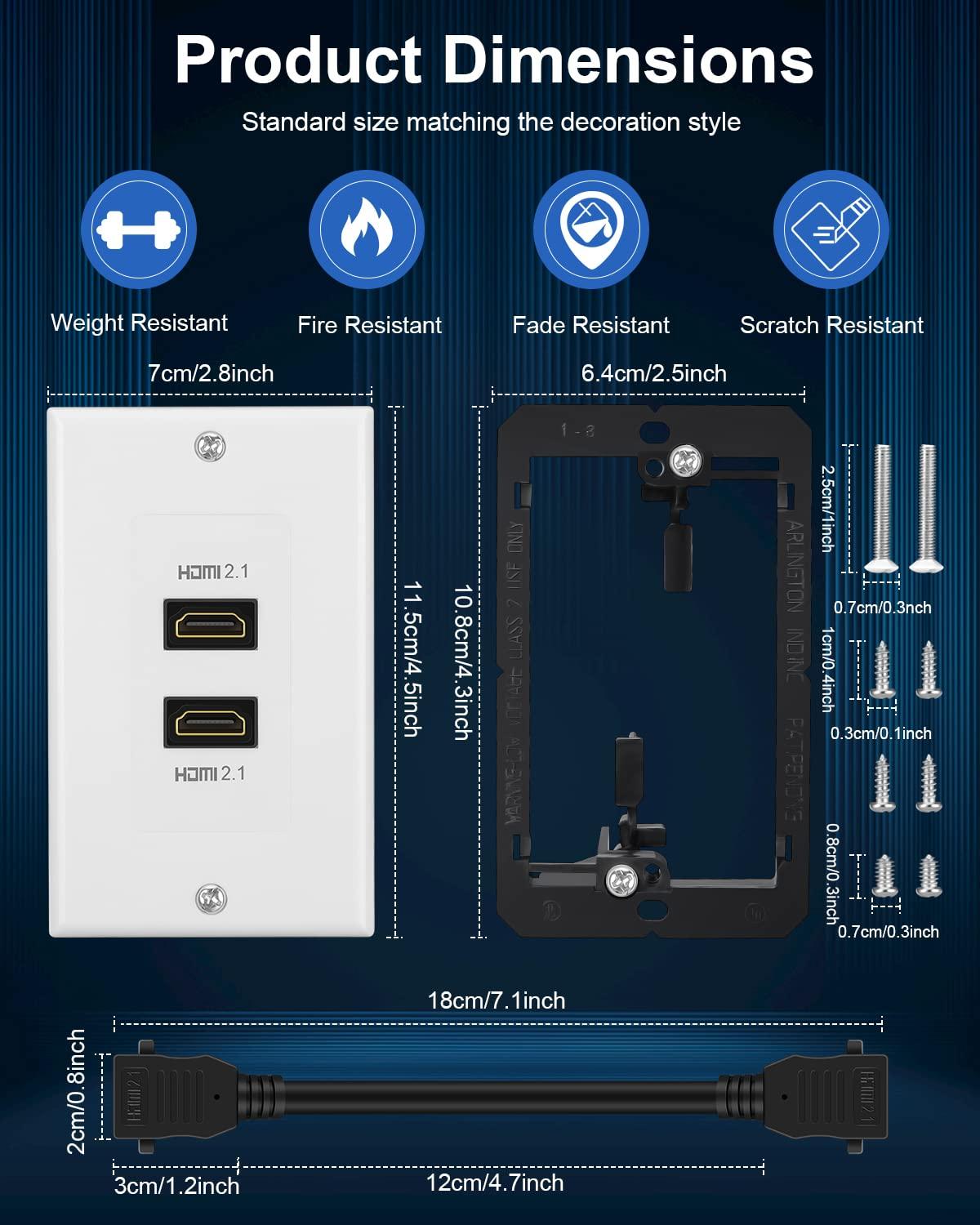 ELECTOP HDMI 2.1 Wall Plate(2 Port), ELECTOP 8K HDMI Wall Outlet Pass Through with Low Voltage Metal Mounting Bracket, Supports 8K@60Hz and 4K@120Hz, 3D, HDR, 48 Gbps HDMI Box, Fits Home Theater Systems