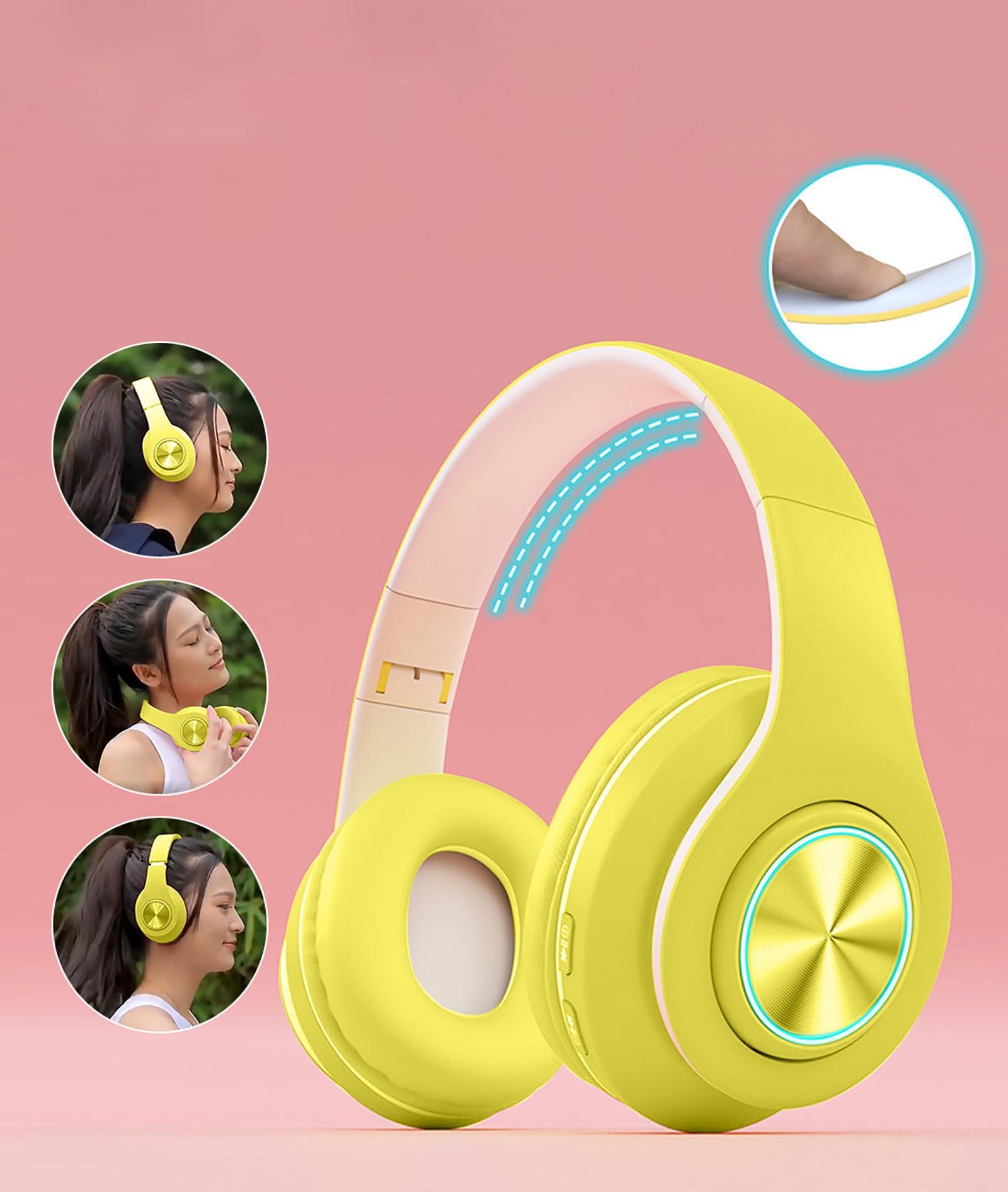 E-Greetshopping Bluetooth Over Ear Headphones ,Colorful LED Lights Headphones ,Foldable Hi-Fi Stereo Headphones with in Microphone, Wired and Wireless Headphones for Classroom/Home Office/PC/Mobile (yellow)
