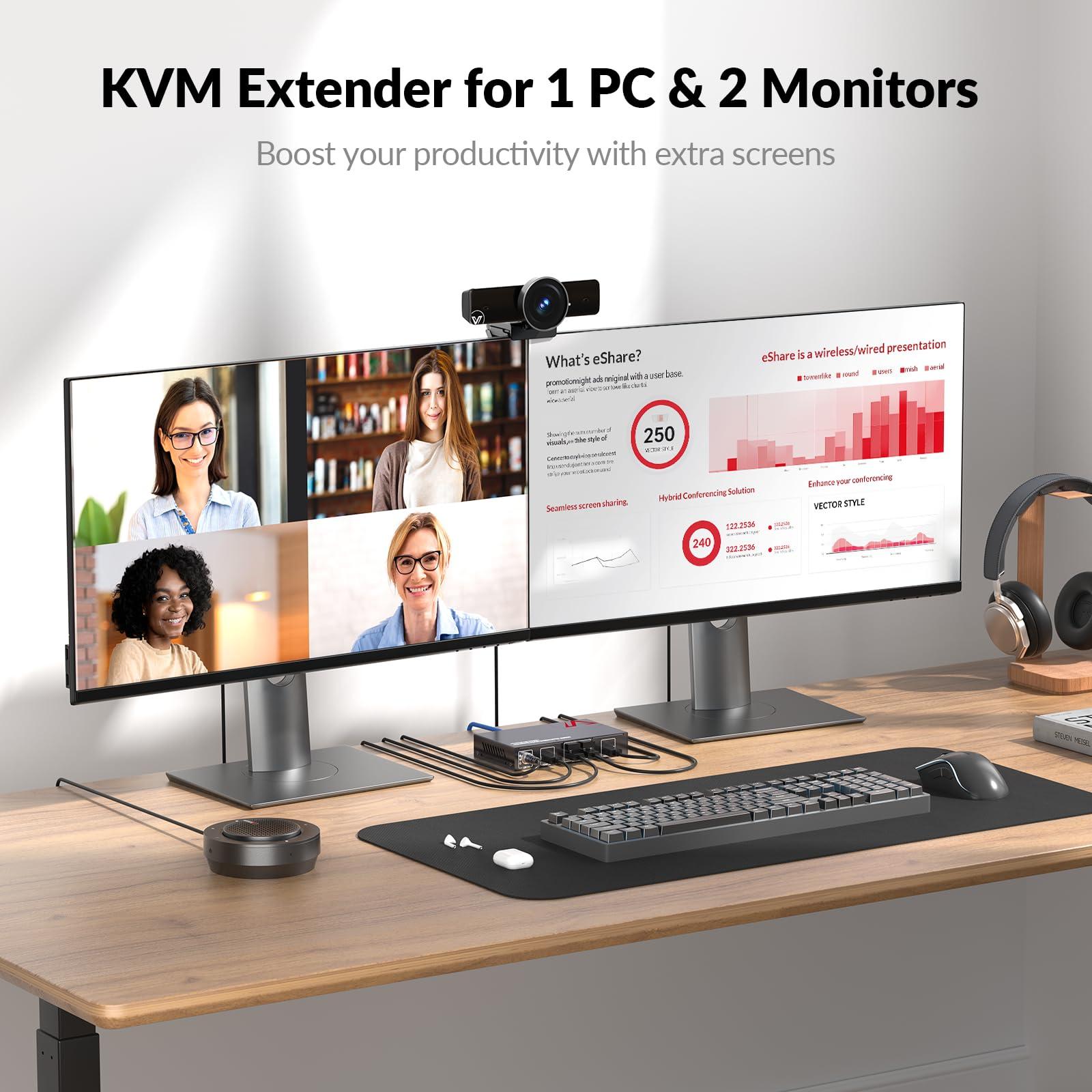 v AV Access HDMI USB KVM Extender Dual Monitor Over Cat5e/6/6a/7 up to 1080p@60Hz 197ft, Zero Latency Extended Dual View, Display 2 Monitors with 4 USB 2.0 Ports for Keyboard/Mouse, HDCP 1.4, PoC, Plug and Play