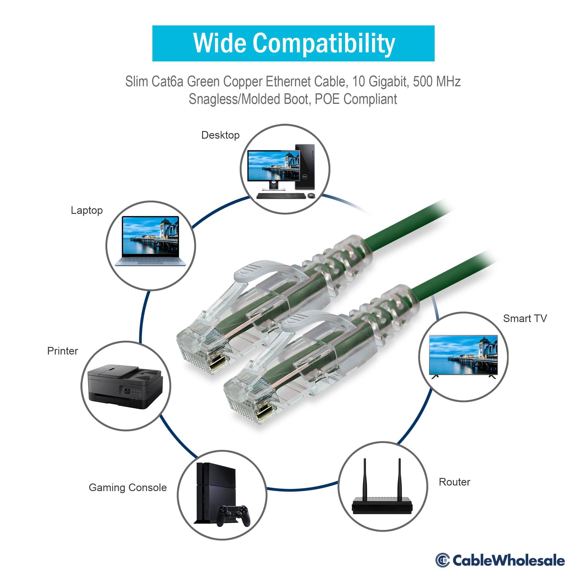CableWholesale CableWholesale Slim Cat6a Ethernet Patch Cable, 28AWG, 500MHZ, ETL/UL/CSA Approved, RJ45 Copper Connector Snagless/Boot, Internet Network Patch Cable, Green, 1 Foot