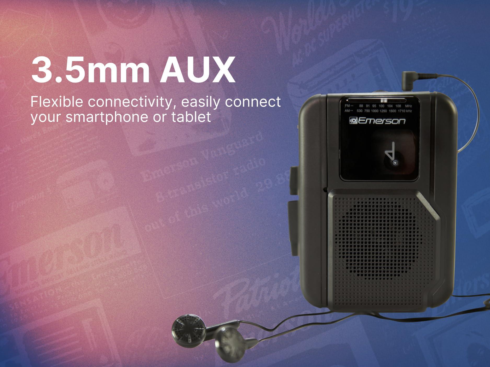 Emerson Emerson EPC-1001 Portable Cassette Player & Recorder with AM/FM Radio and Bluetooth Connectivity, Built-in Speaker, Auto-Stop Playback, 3.5mm Headphone Jack - Classic Cassette Recording
