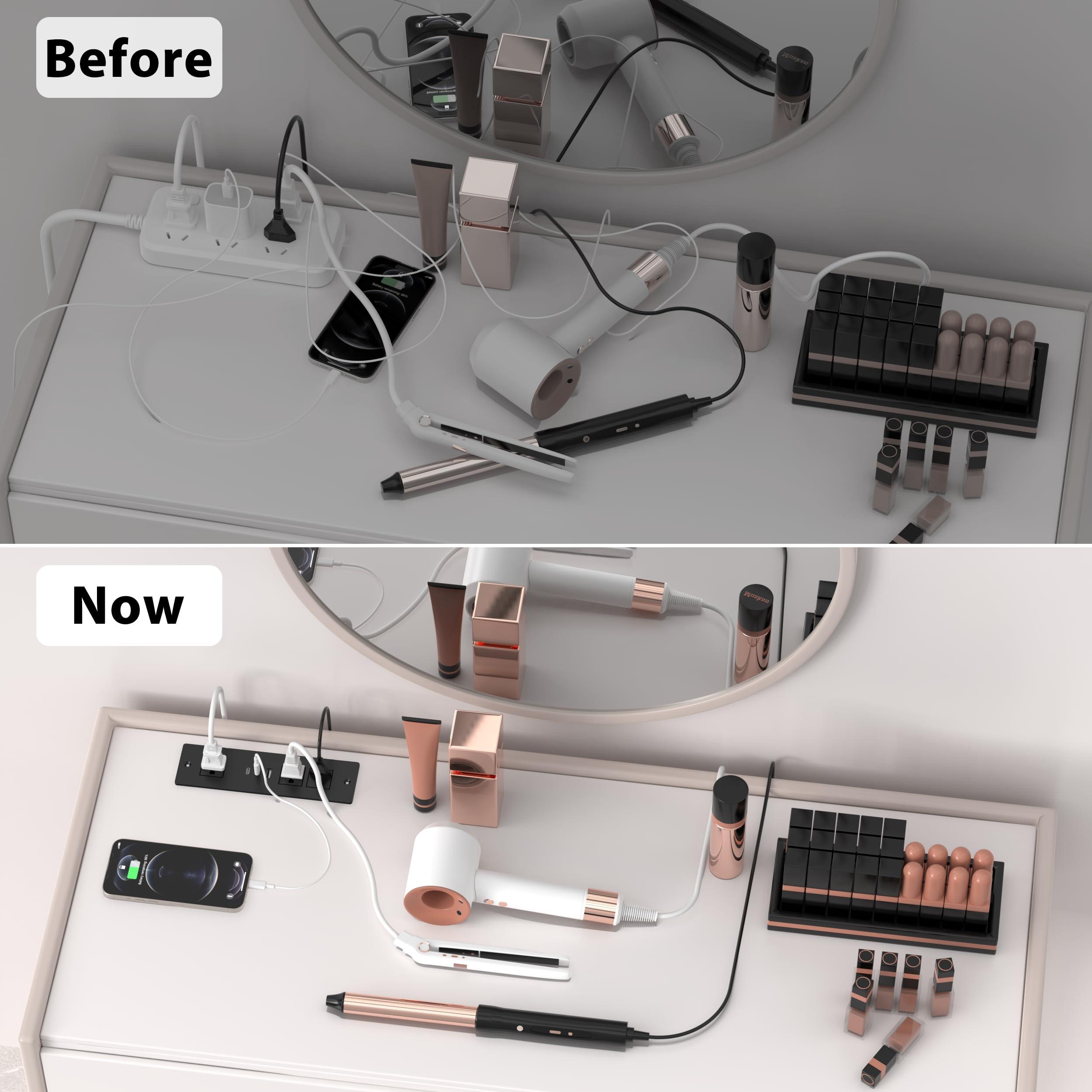 HEZI Furniture Drawer Outlet, Recessed Power Strip with (3) PD 20W USB Ports Fast Charging & (3) 15 Amp AC Outlets, (14 AWG) 5 FT Spring Black Cord