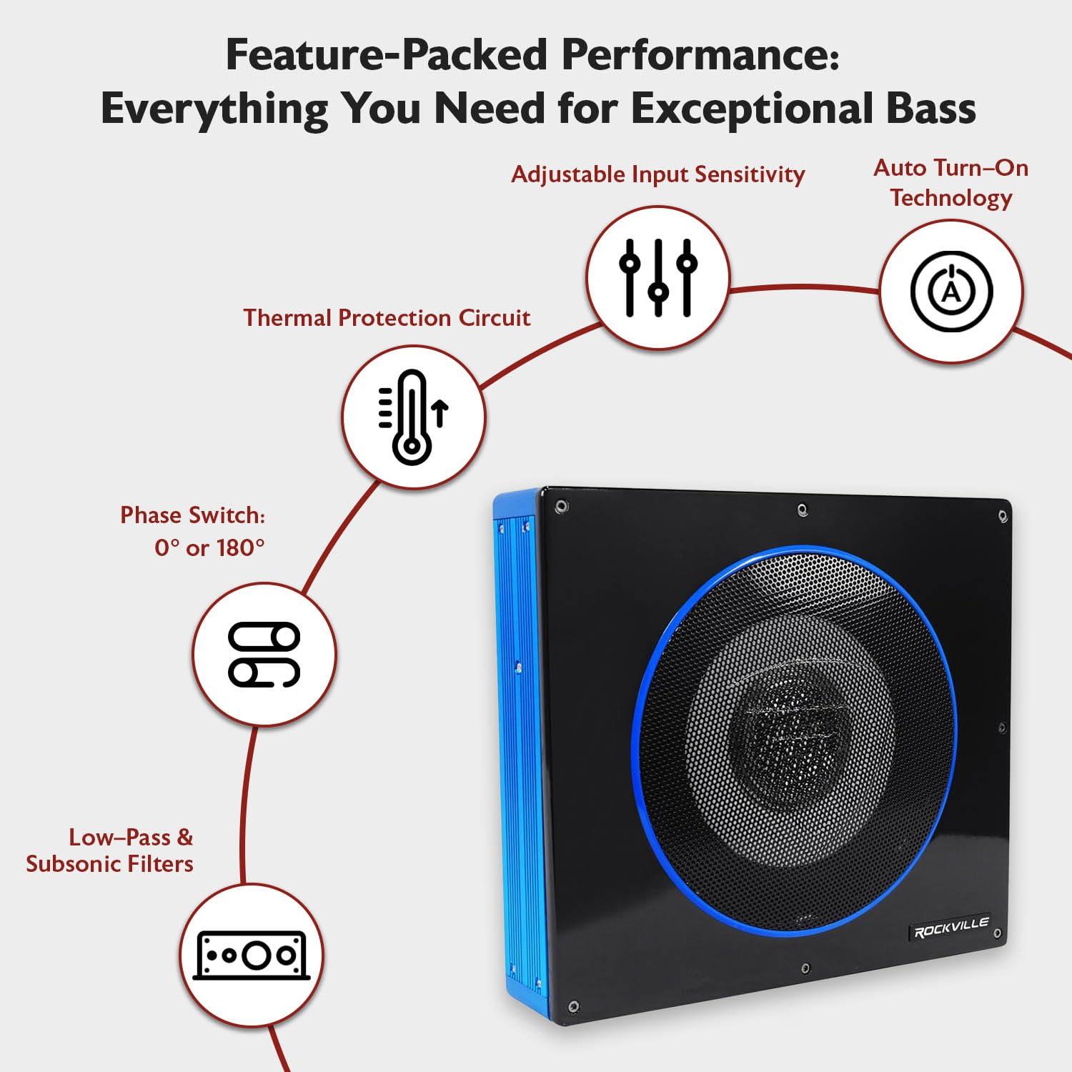 Rockville Rockville RW8CA 8" 600 Watt Low Profile Under-Seat Active Powered Car Subwoofer, Black